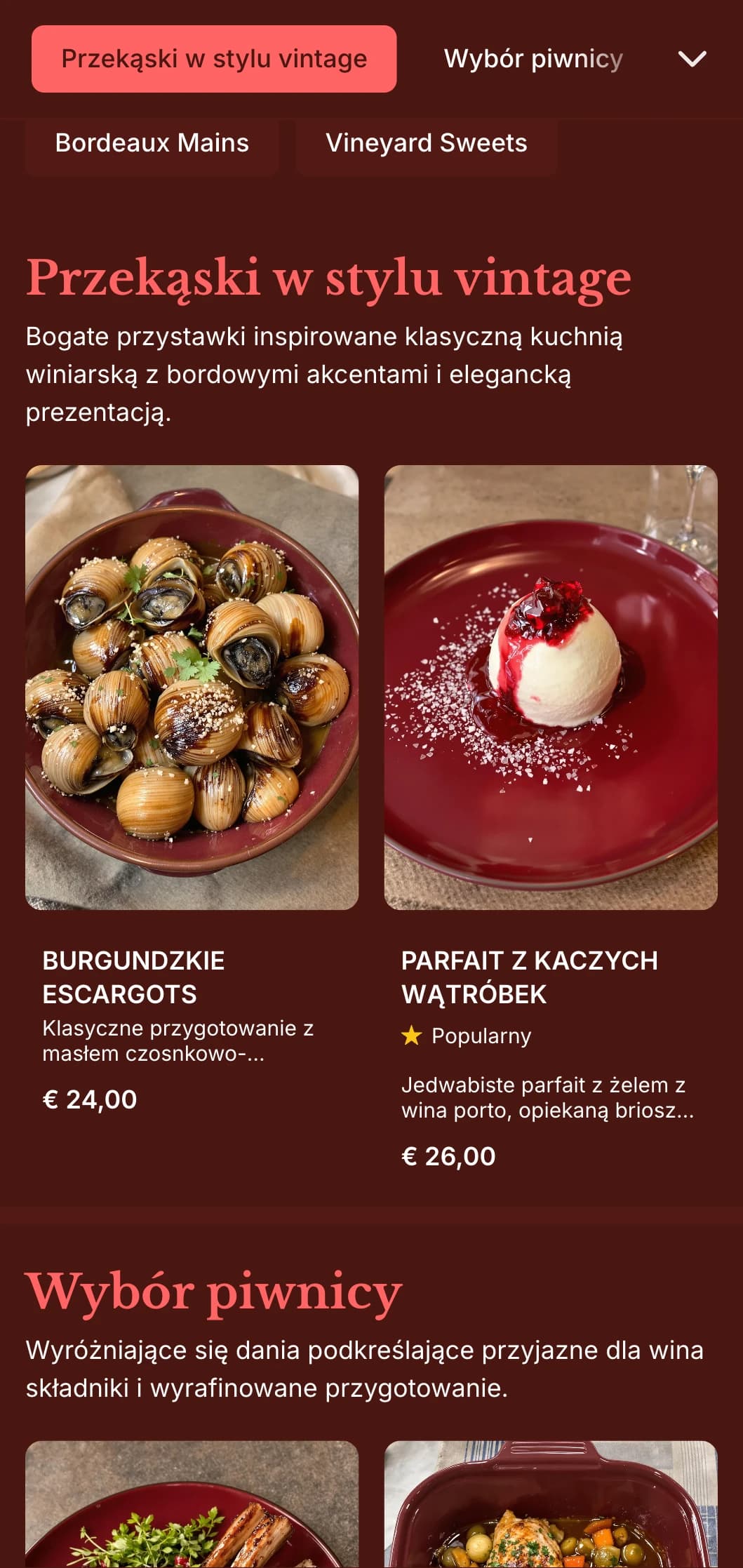 Bogate, inspirowane winem menu obiadowe z głębokimi odcieniami burgunda i elementami vintage, przeznaczone dla lokali z bogatym programem win.