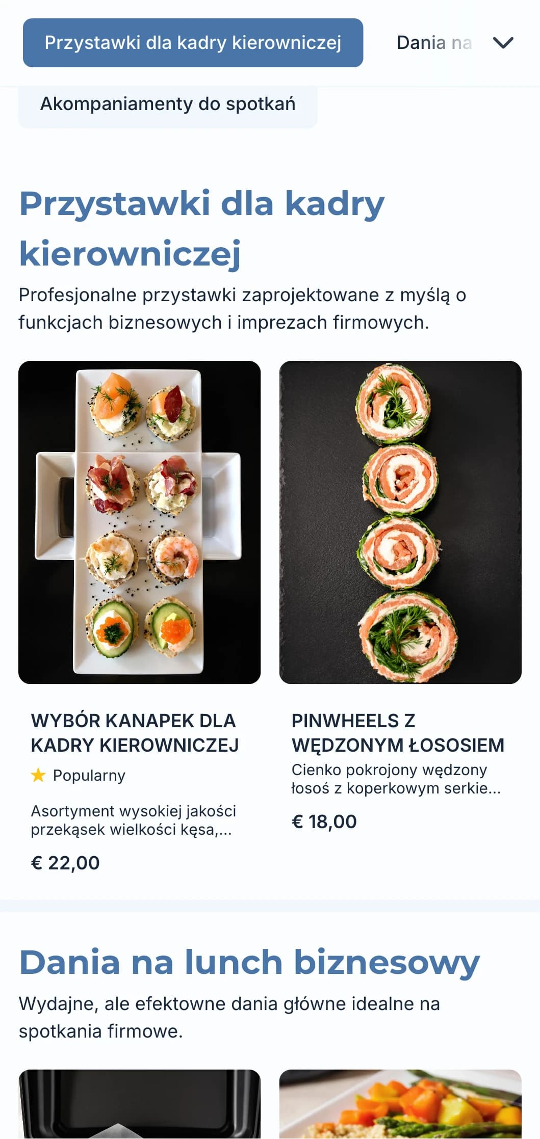 Profesjonalny catering przeznaczony na spotkania biznesowe i imprezy firmowe, koncentrujący się na sprawnej obsłudze i wysokiej jakości prezentacji.