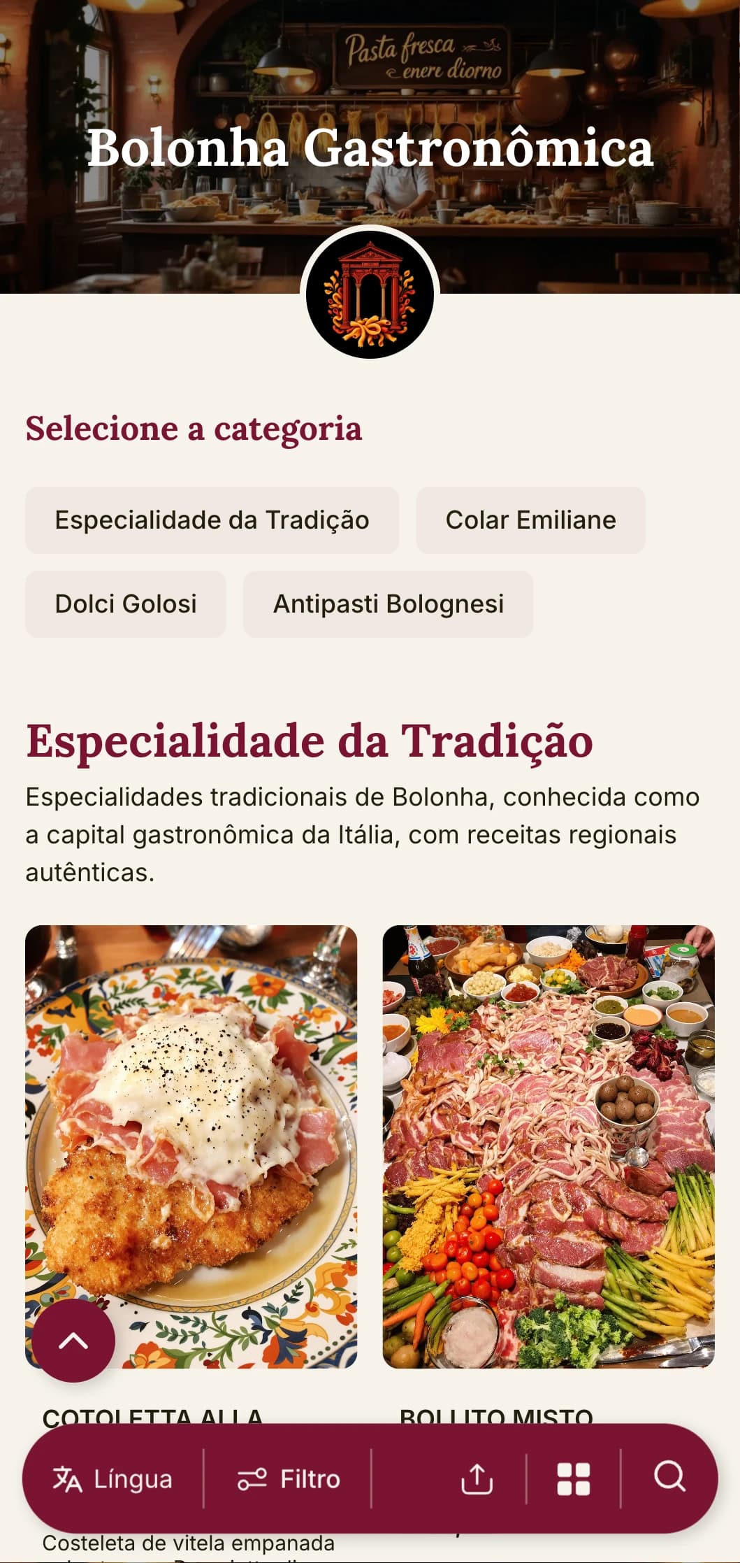 Design rico e convidativo com vermelhos profundos e elementos tradicionais que celebram a reputação de Bolonha como a capital gastronômica da Itália.