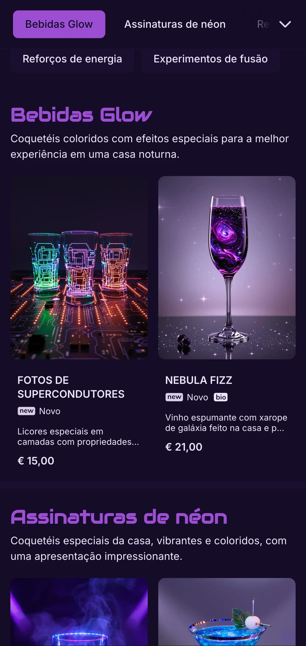 Design em roxo e preto de alto contraste com elementos em neon para bares de coquetéis contemporâneos.