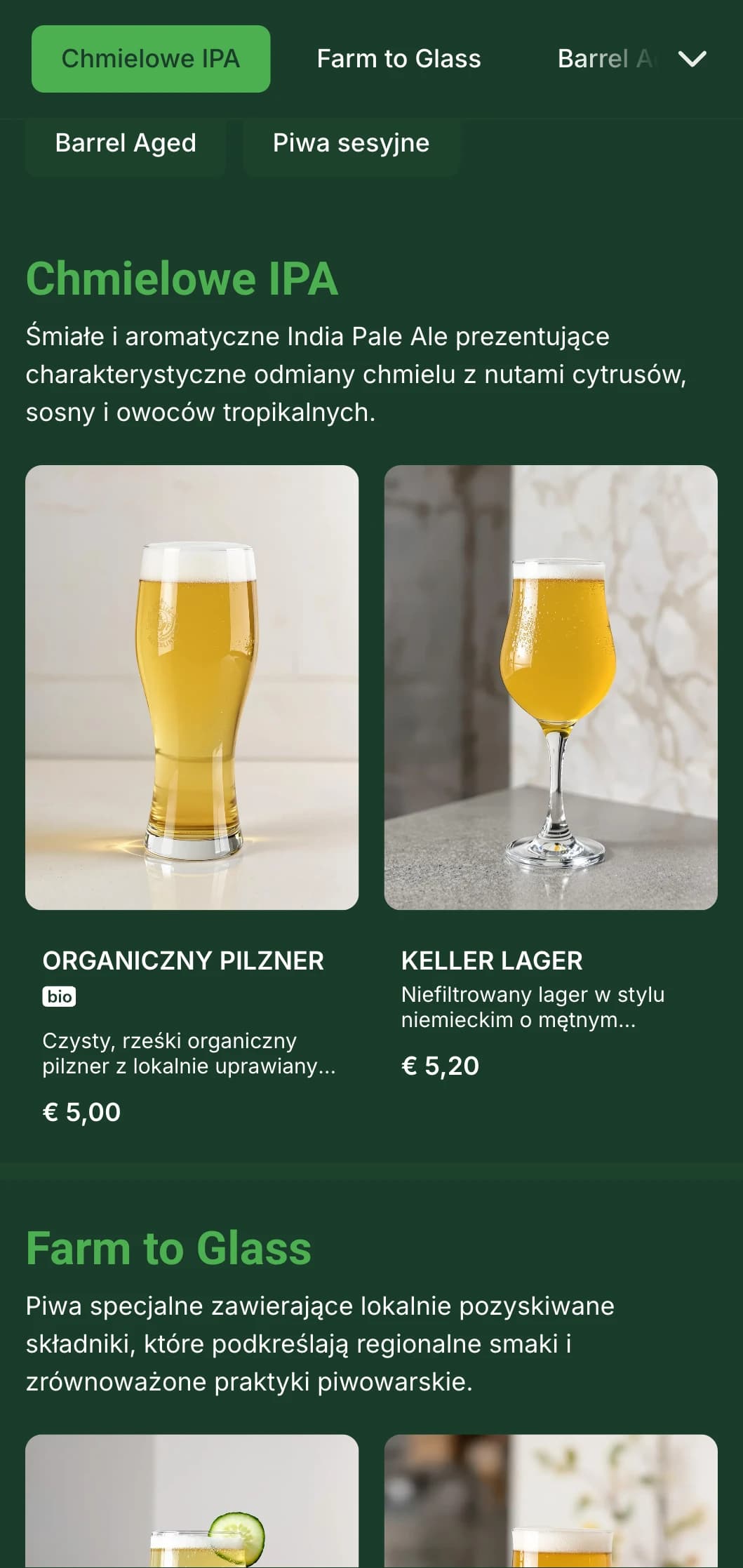 Nowoczesny i czysty design dla współczesnych browarów i ogródków piwnych, z akcentami botanicznymi i świeżą paletą kolorów podkreślającą składniki piwa.