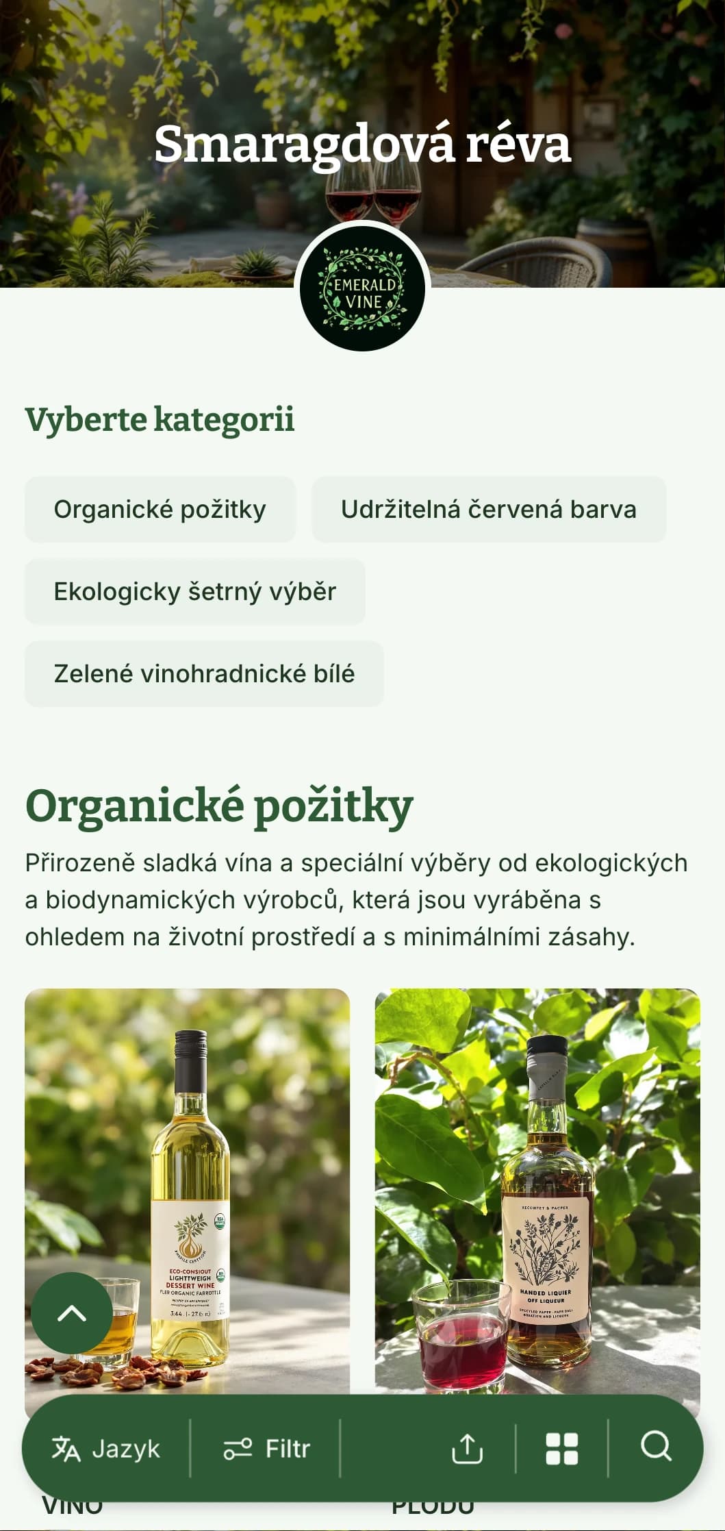 Svěží šablona vinného lístku se zelenou tématikou, botanickými prvky a přírodními texturami, ideální pro výběr organických vín a zahradní restaurace.