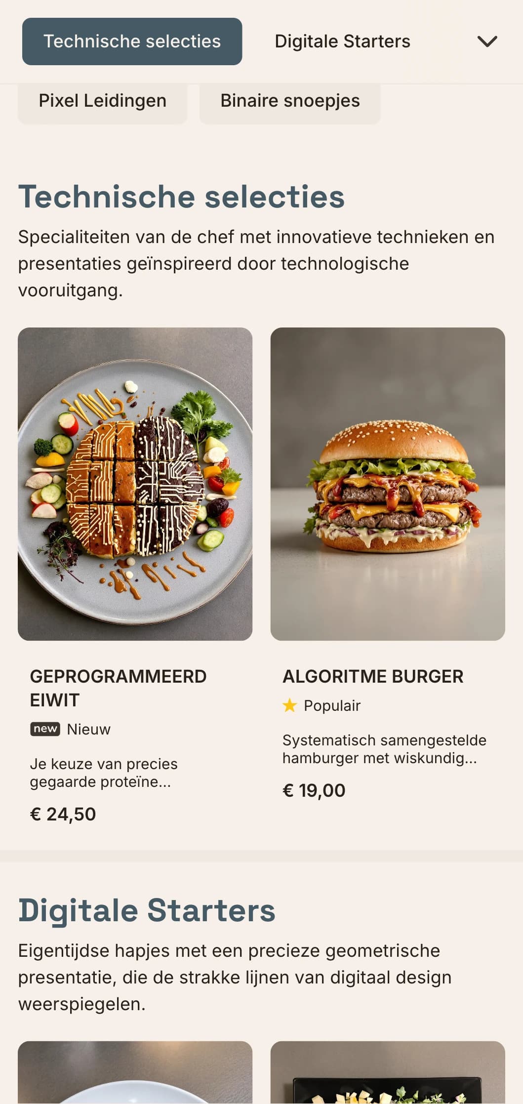 Digitaal geïnspireerd lunchmenu-ontwerp met technische esthetiek en precieze rasterindeling, perfect voor restaurants in innovatiewijken en in de buurt van technische bedrijven.