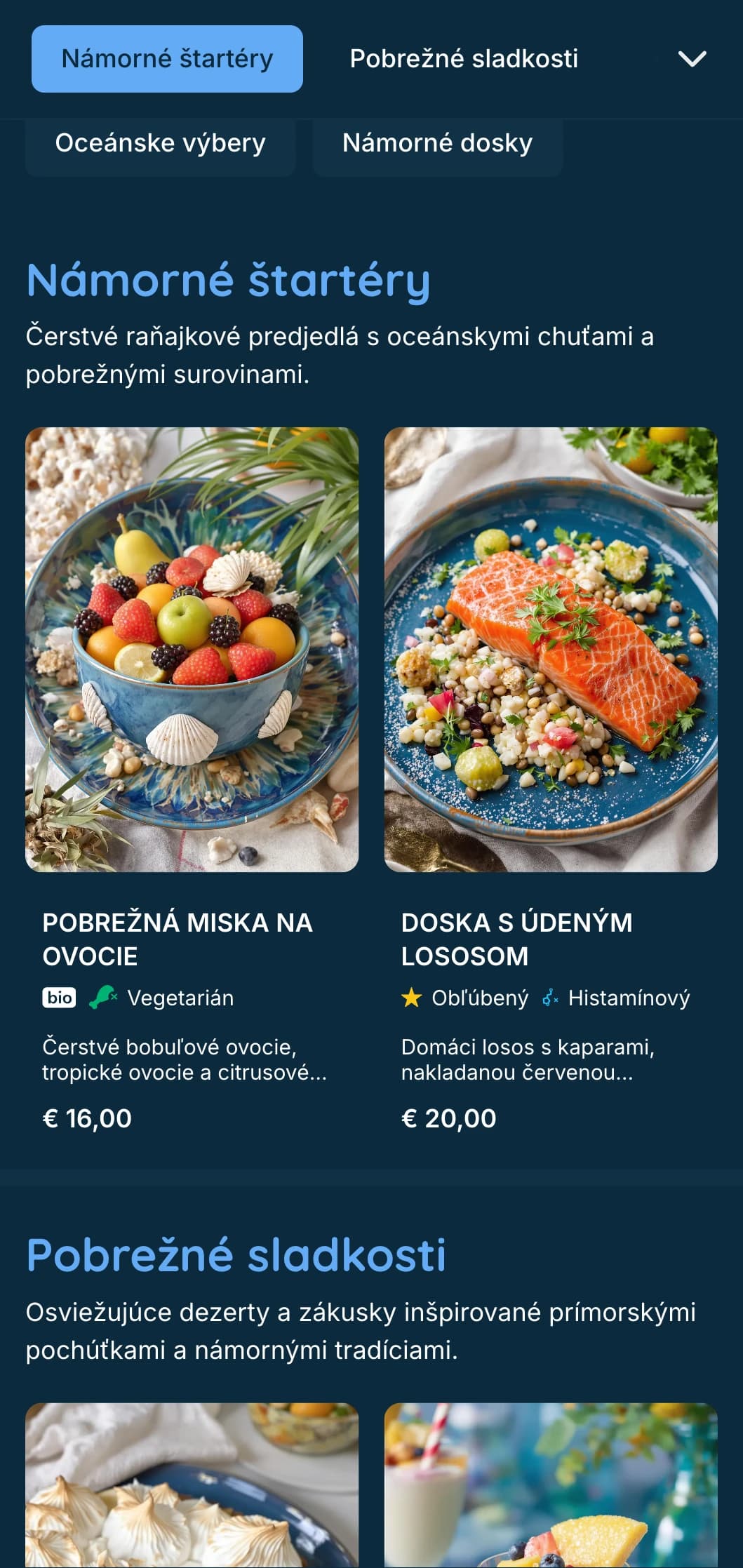 Svieža šablóna na morský brunch s tmavomodrými tónmi, ideálna na brunch s morskými plodmi a do podnikov na pláži.