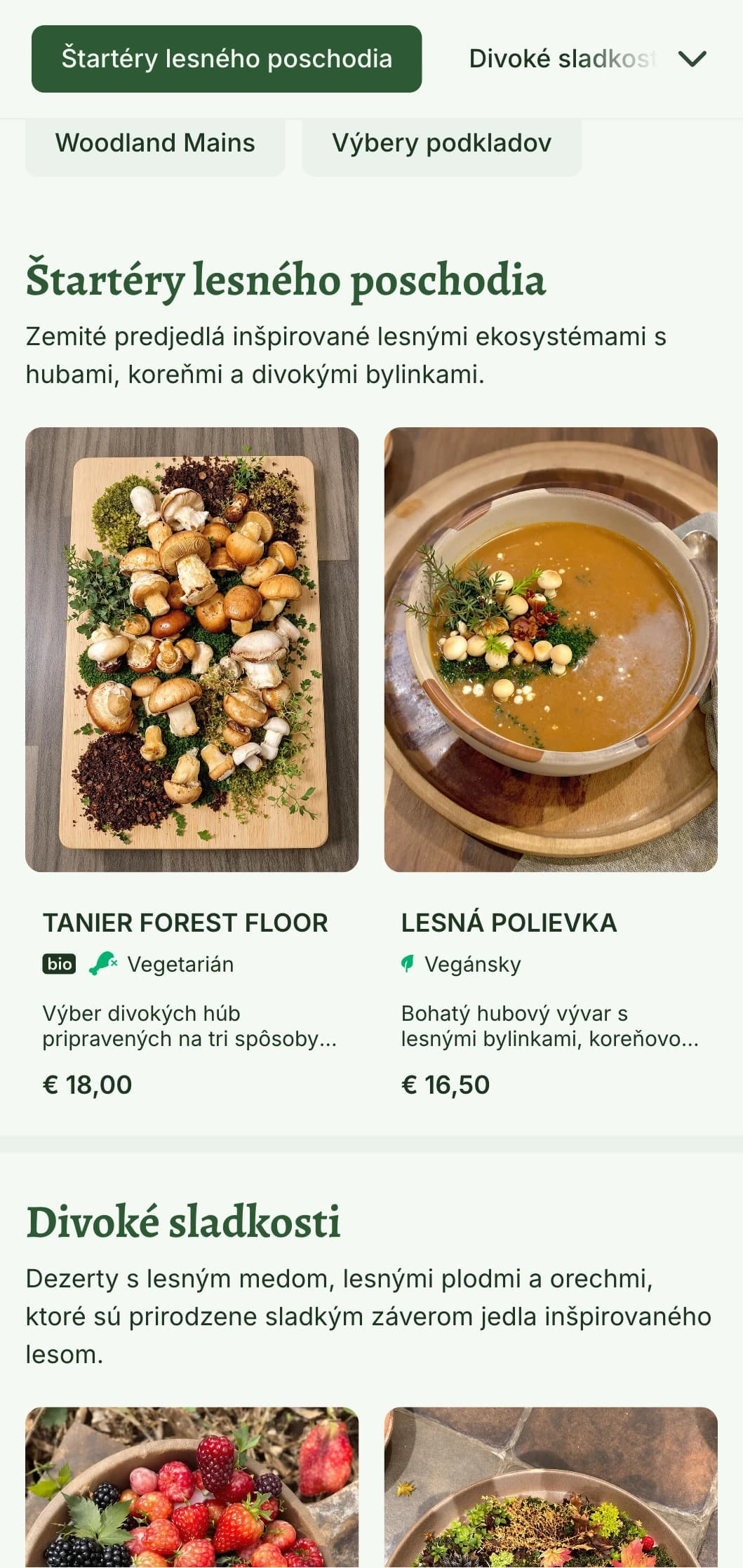 Mystický, lesom inšpirovaný dizajn obedového menu s lesnými prvkami a prírodnými textúrami, ideálny pre reštaurácie v lesnom prostredí alebo s lesnou tematikou.
