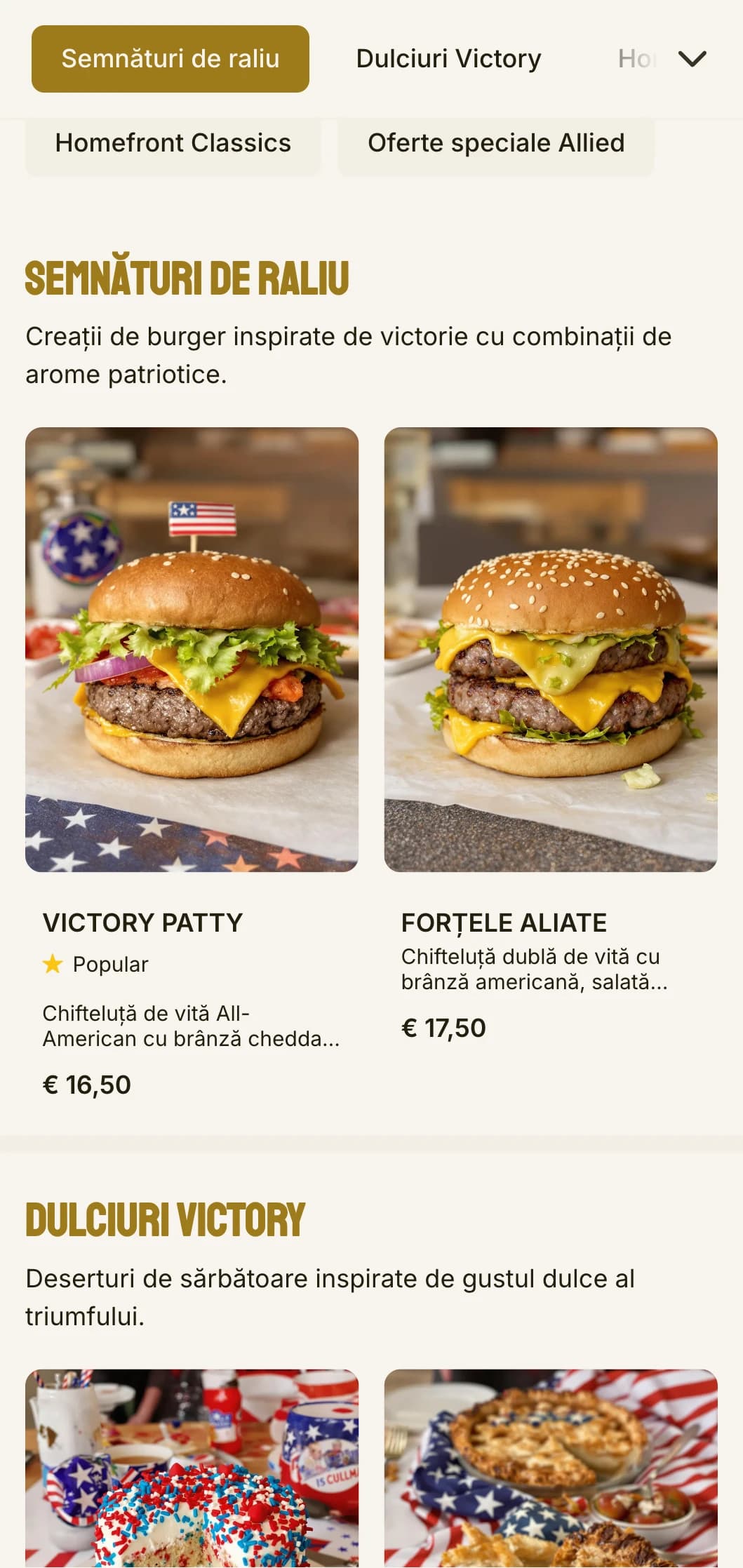 Cantină de burger inspirată din perioada celui de-al Doilea Război Mondial, cu grădină a victoriei și elemente patriotice.