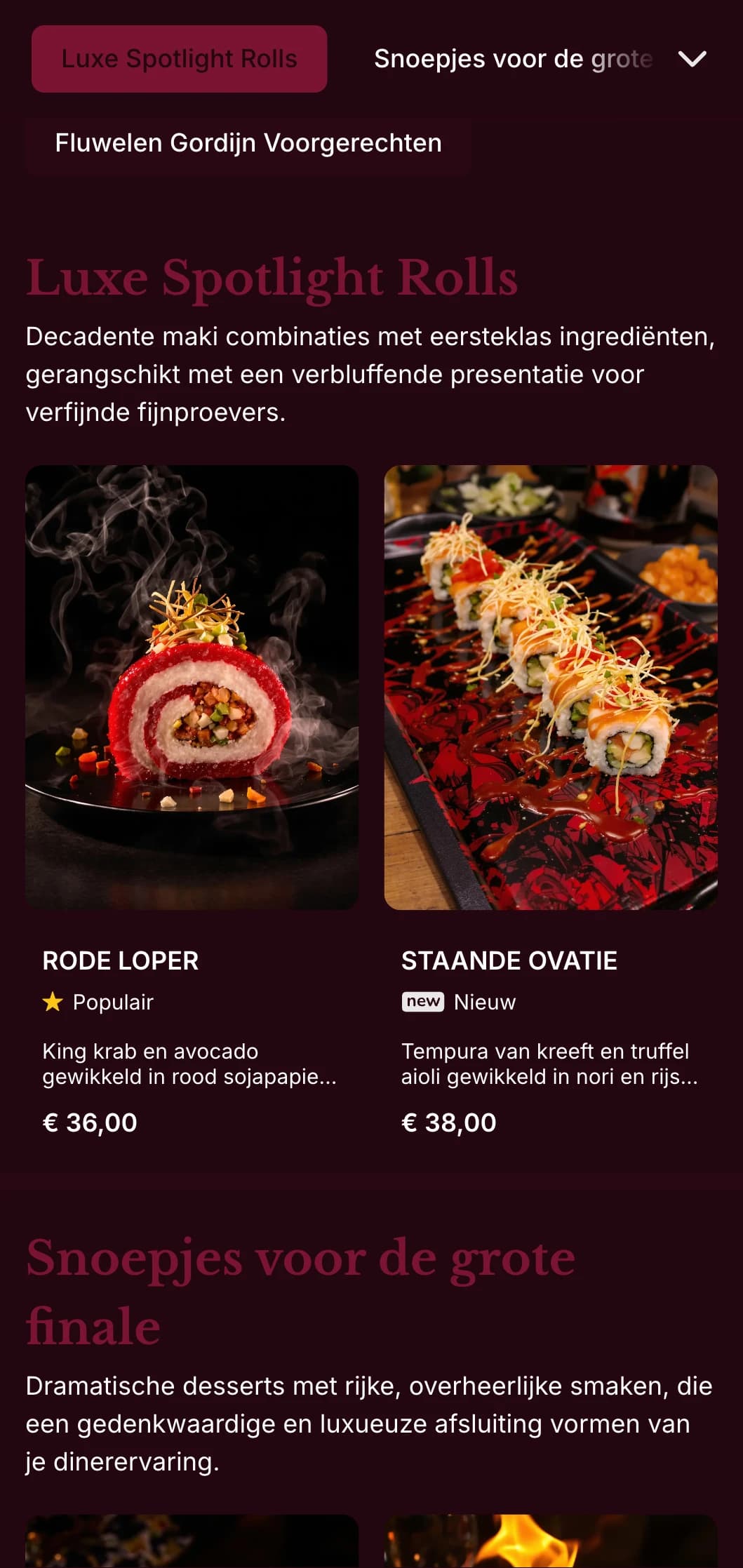 Luxueuze sushi-ervaring met rijke roodfluwelen tinten en dramatische elementen voor eersteklas locaties.