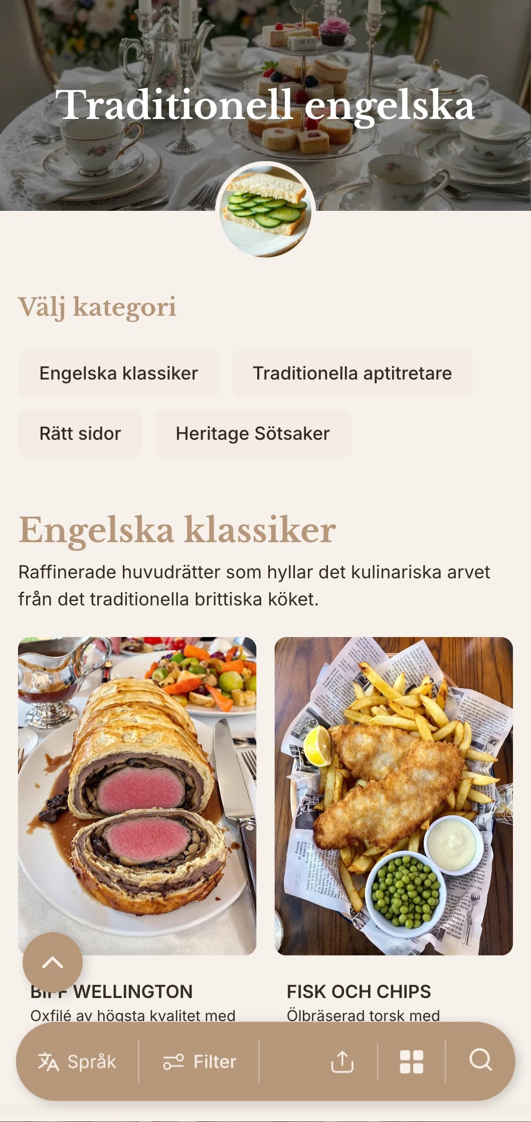 Klassisk brittiskinspirerad catering med traditionella recept, korrekt service och raffinerad presentation för high tea-evenemang och formella sammankomster.