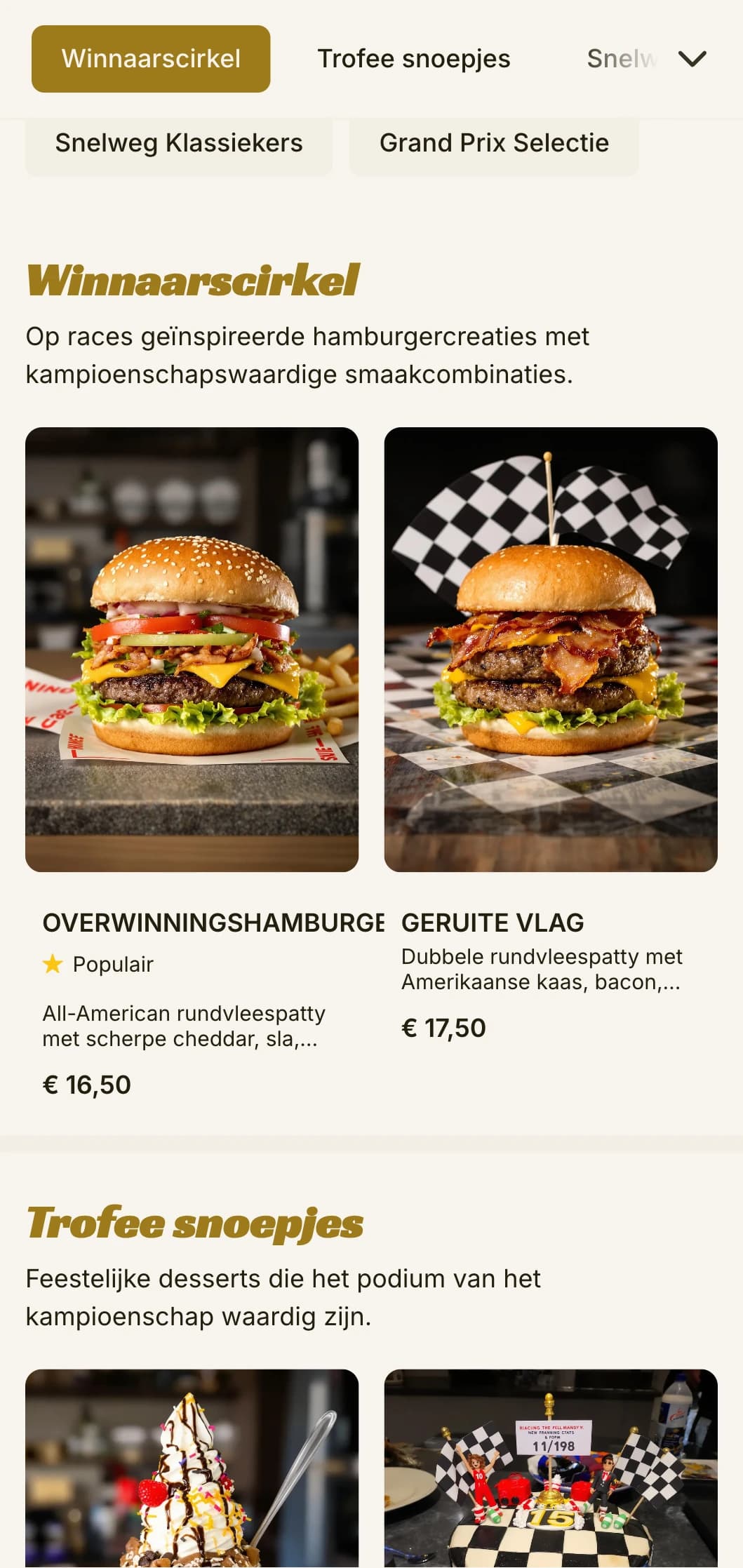Op races geïnspireerde hamburgertent met motorsportelementen en overwinningssfeer.