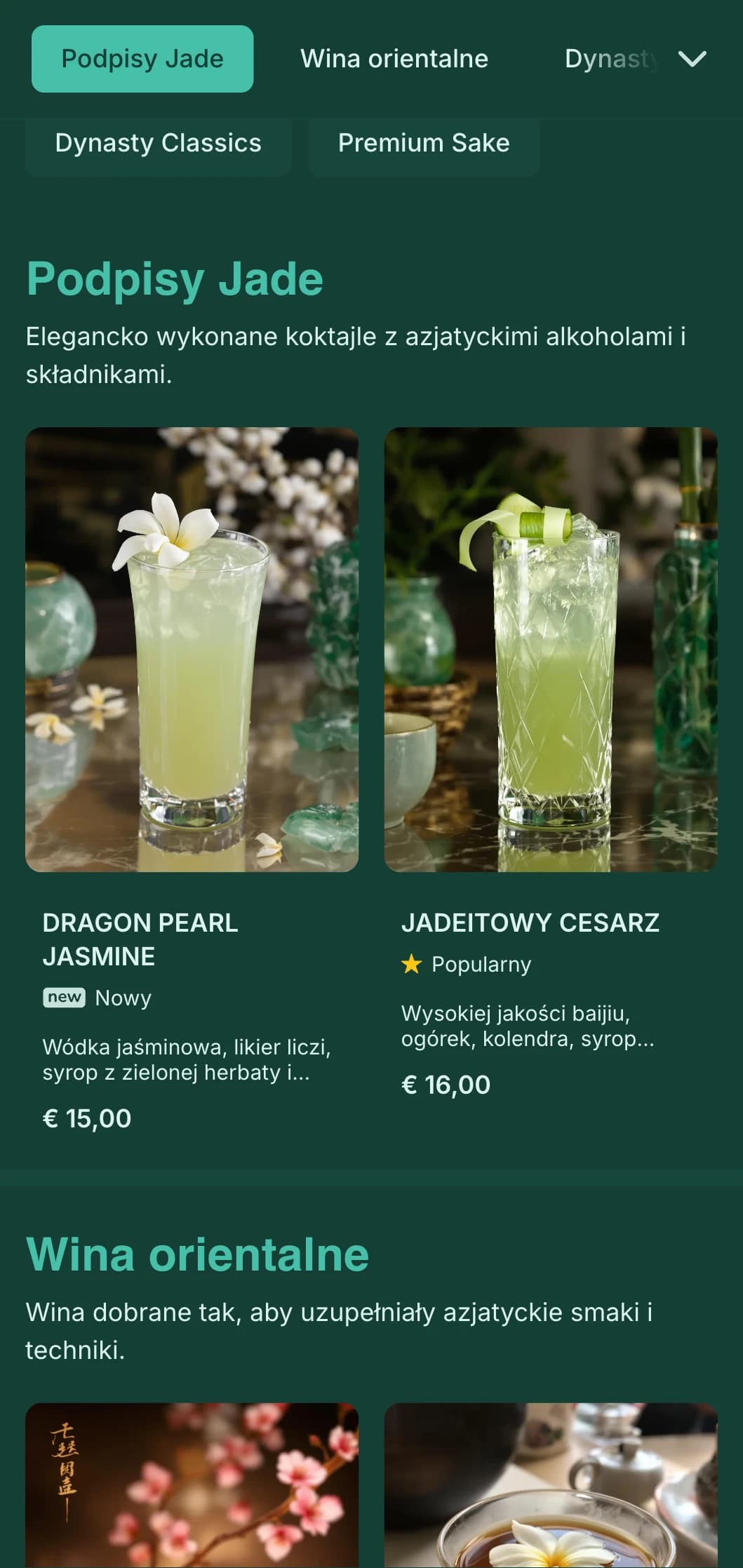 Elegancki zielony design inspirowany chińską sztuką do salonów koktajlowych inspirowanych Azją.