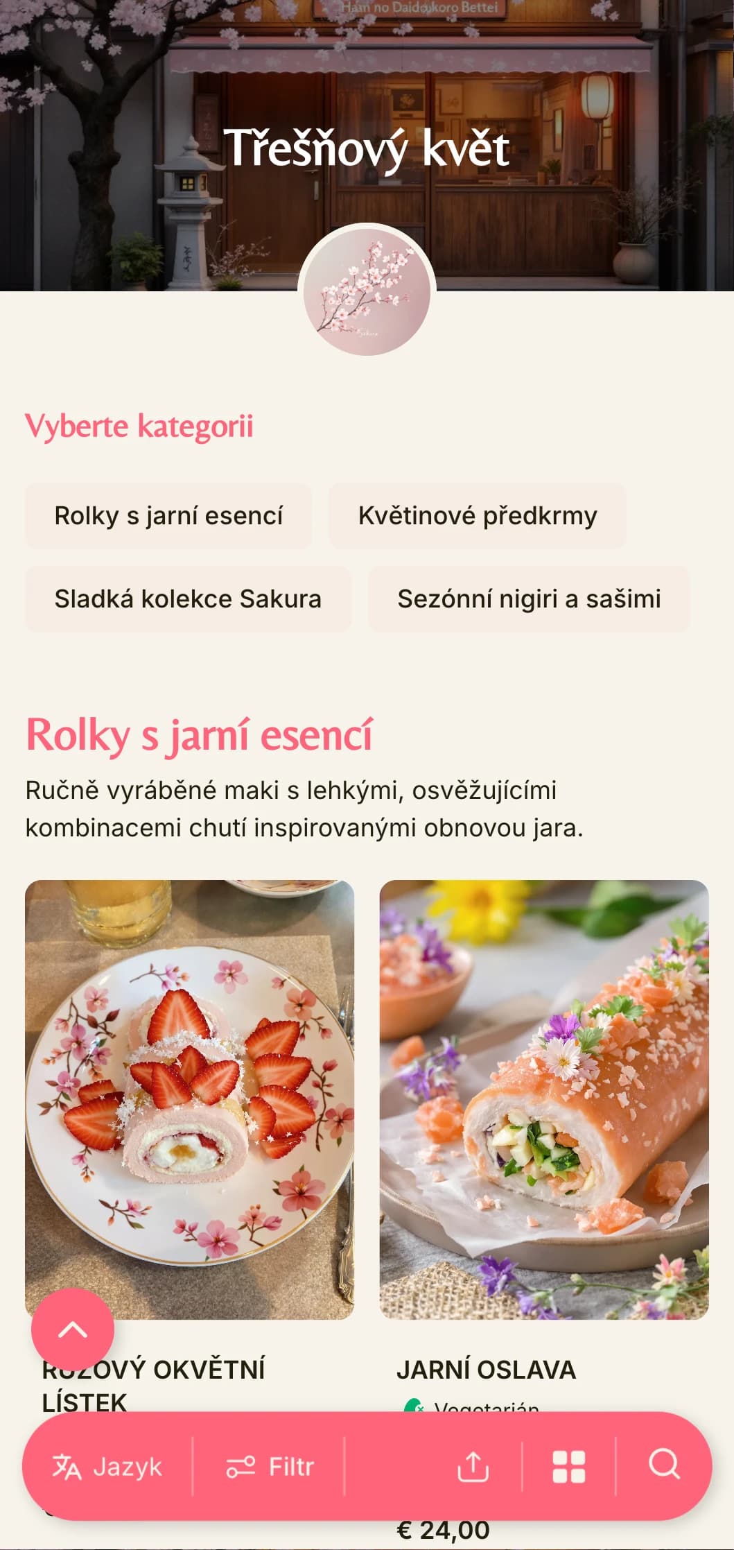 Jemné sushi menu inspirované jarem s jemnými růžovými akcenty třešňových květů na teplém krémovém pozadí.