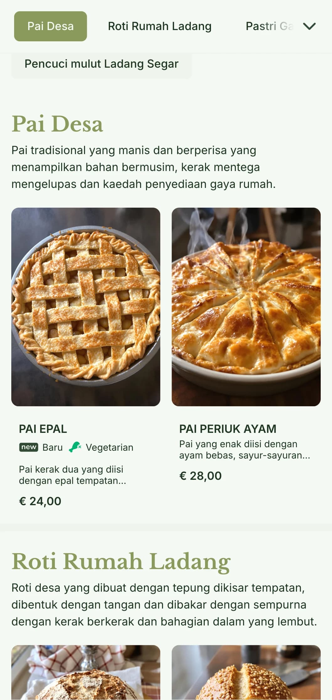 Reka bentuk menu bakeri desa yang nyaman dengan rona hijau hangat dan tipografi tradisional, sesuai untuk kedai roti dari ladang ke meja dan kedai gaya rumah.