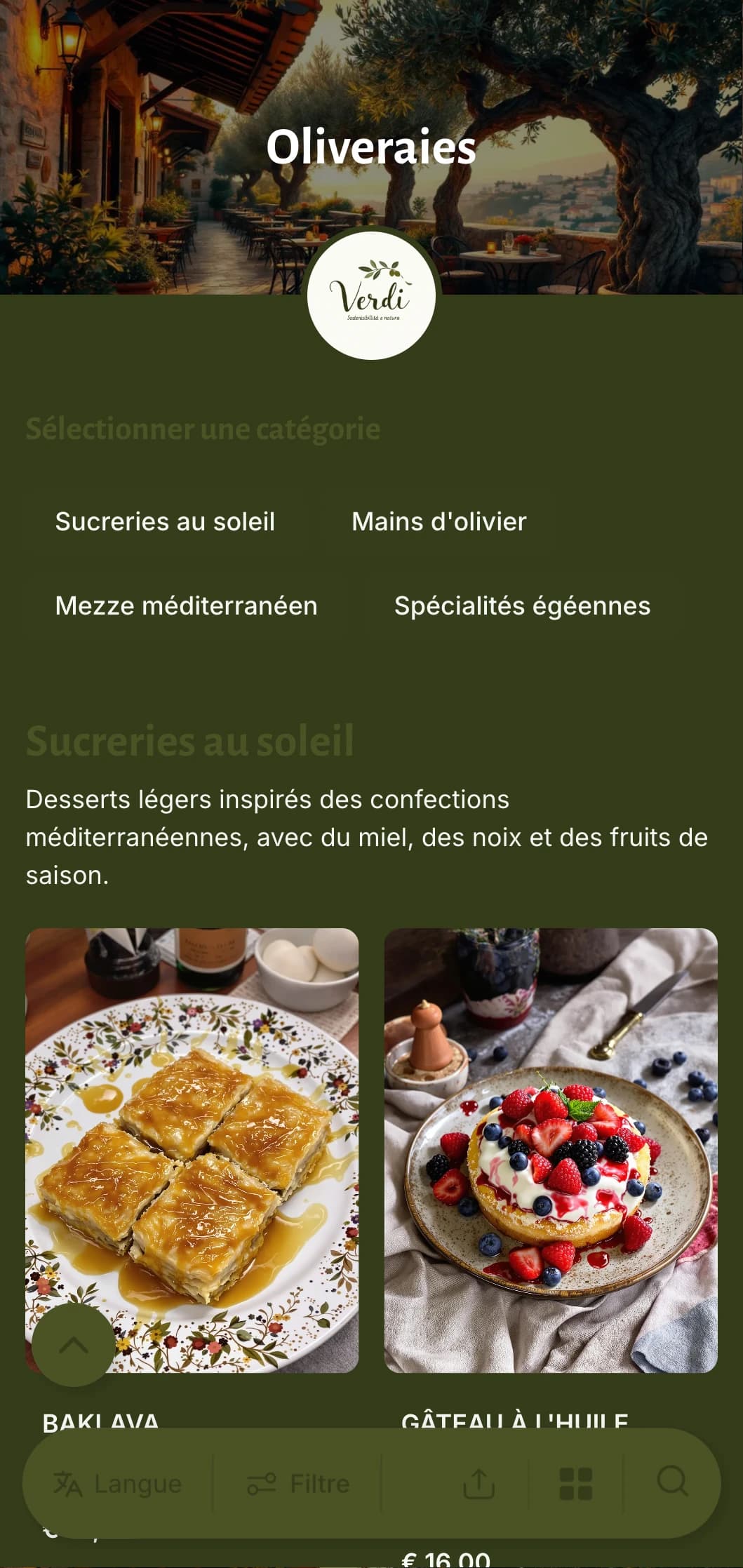 Un menu d'inspiration méditerranéenne avec des tons vert olive et des éléments rustiques, parfaits pour la cuisine grecque ou méditerranéenne.
