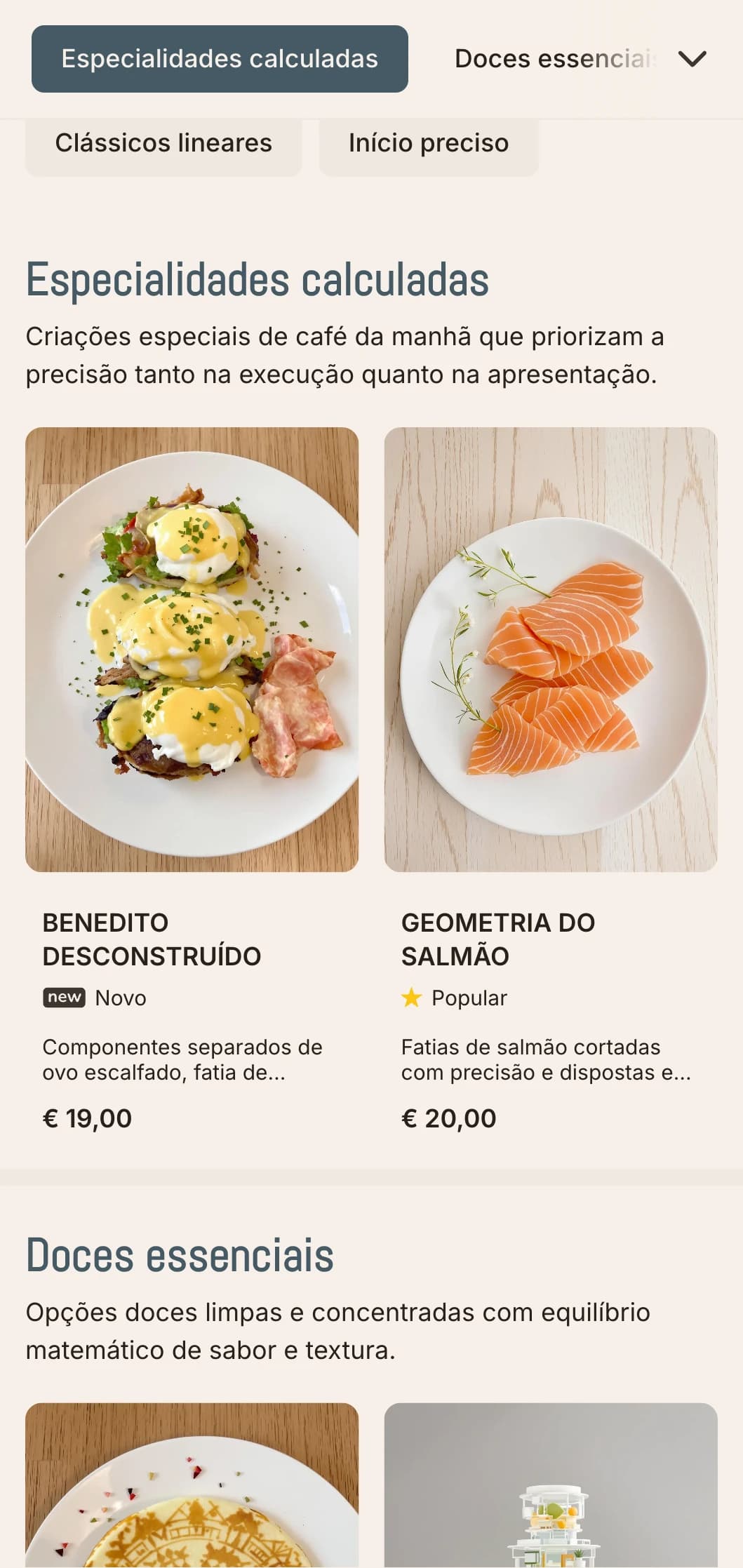 Opções de café da manhã limpas e organizadas com precisão, com apresentação minimalista e sabores cuidadosamente equilibrados.