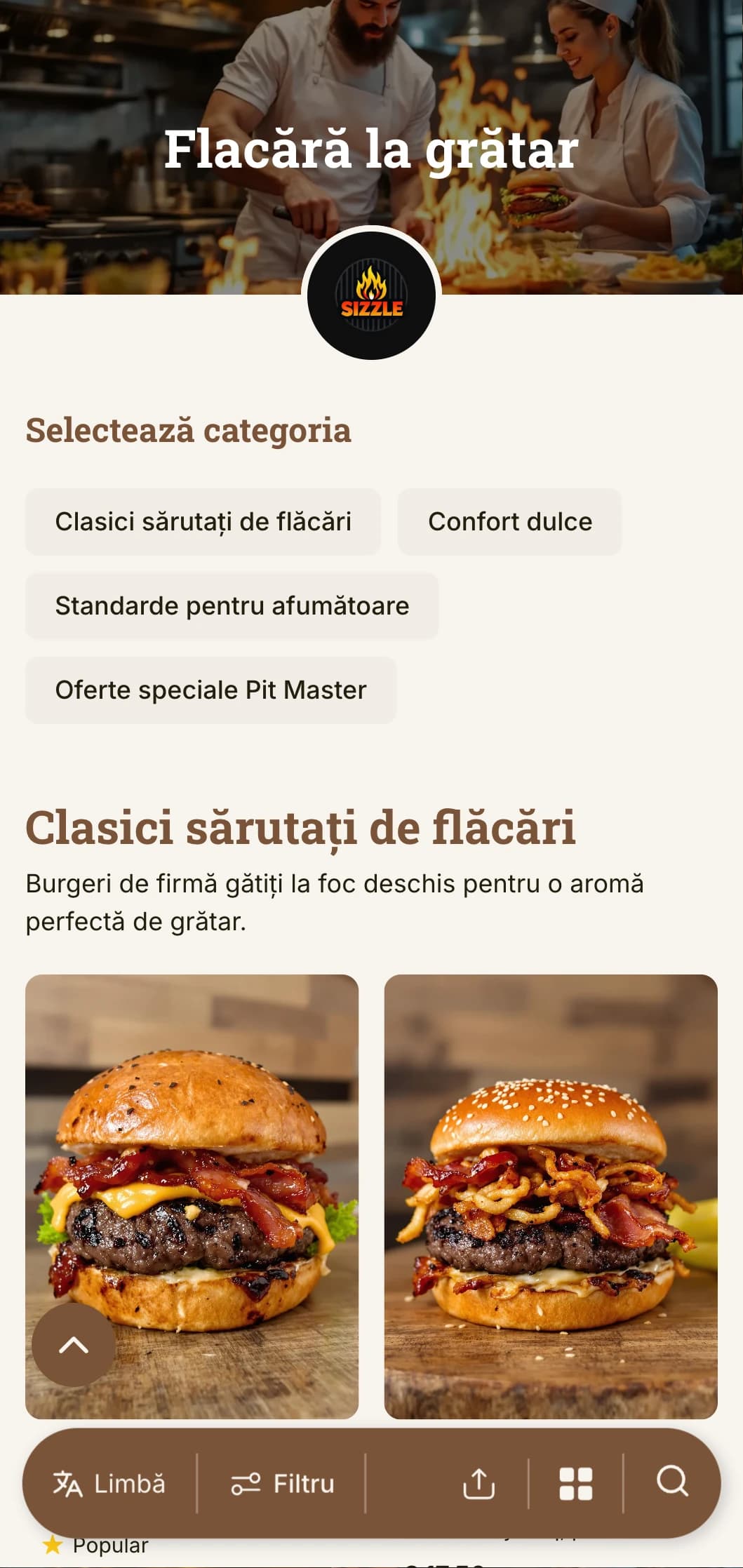 Design îndrăzneț axat pe grătar, cu tonuri calde de lemn și accente de flacără pentru experiența autentică a burgerului la grătar.
