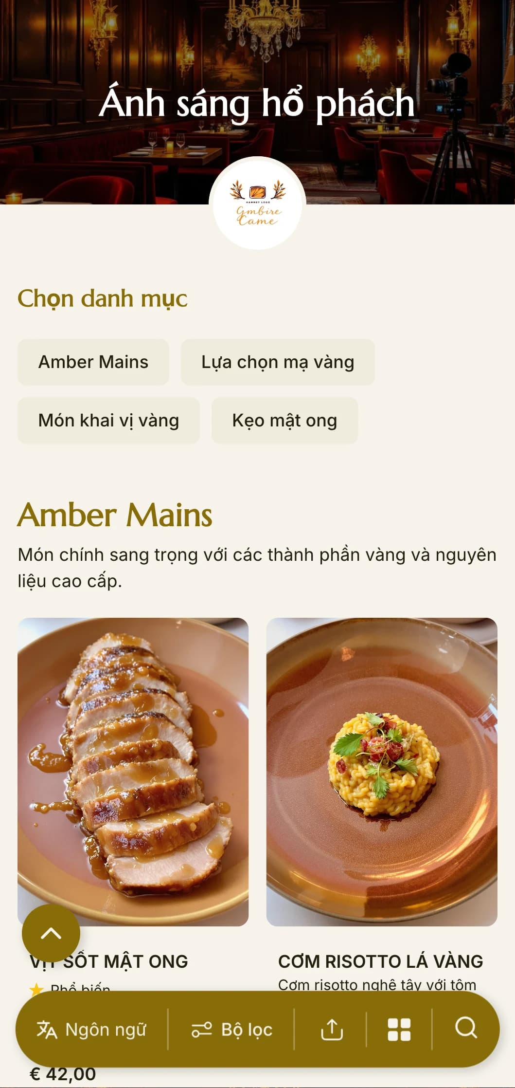 Thực đơn tối ấm áp, vàng óng với tông màu hổ phách và kết cấu phong phú, được thiết kế cho những buổi tối thân mật.