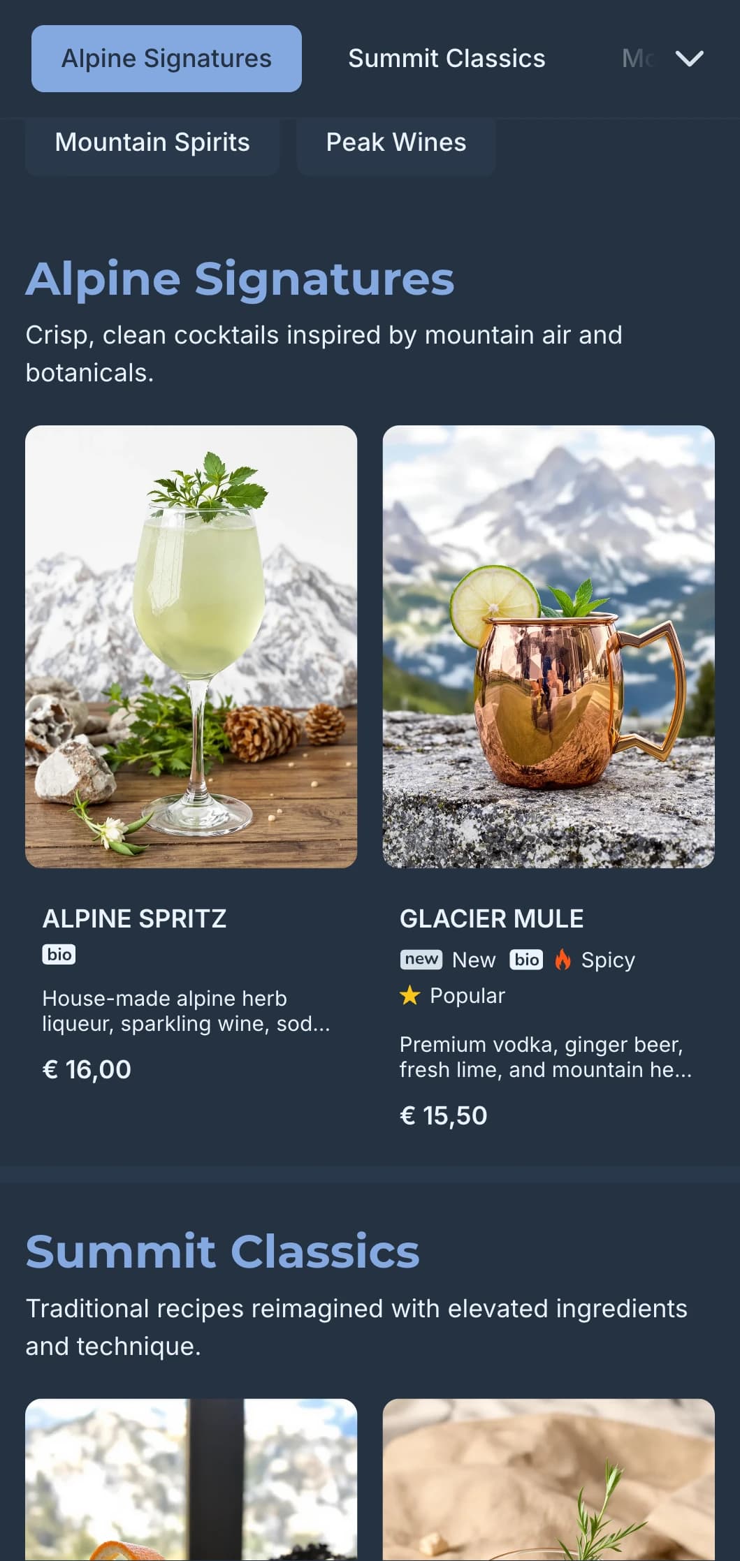 Fresh blue-grey design with mountain motifs for elevated, clean cocktail experiences.