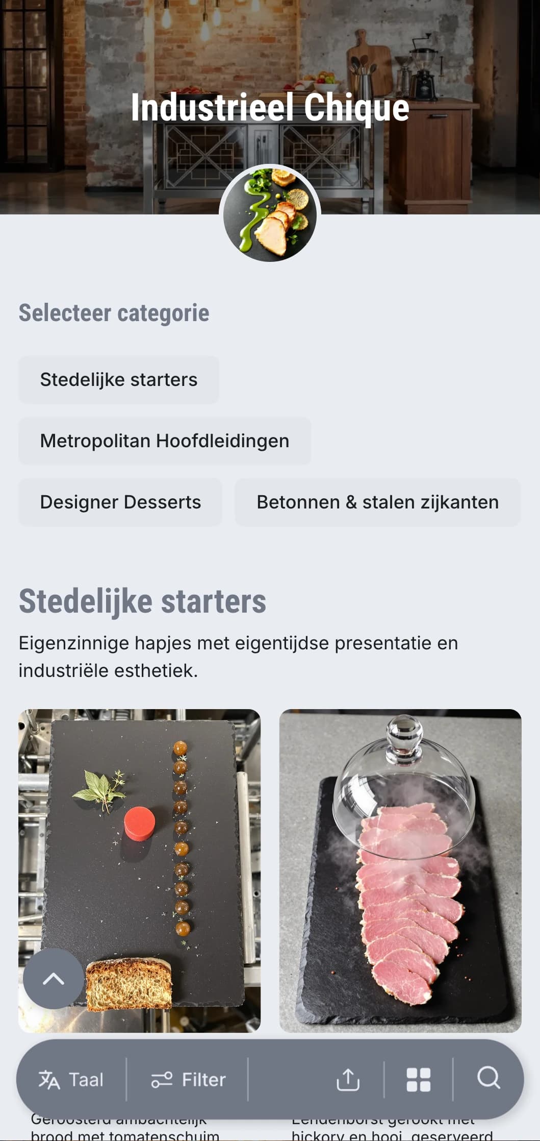 Rauwe, strakke cateringpresentatie met moderne stedelijke esthetiek, metalen elementen en betonnen texturen voor magazijnevenementen en galerieopeningen.