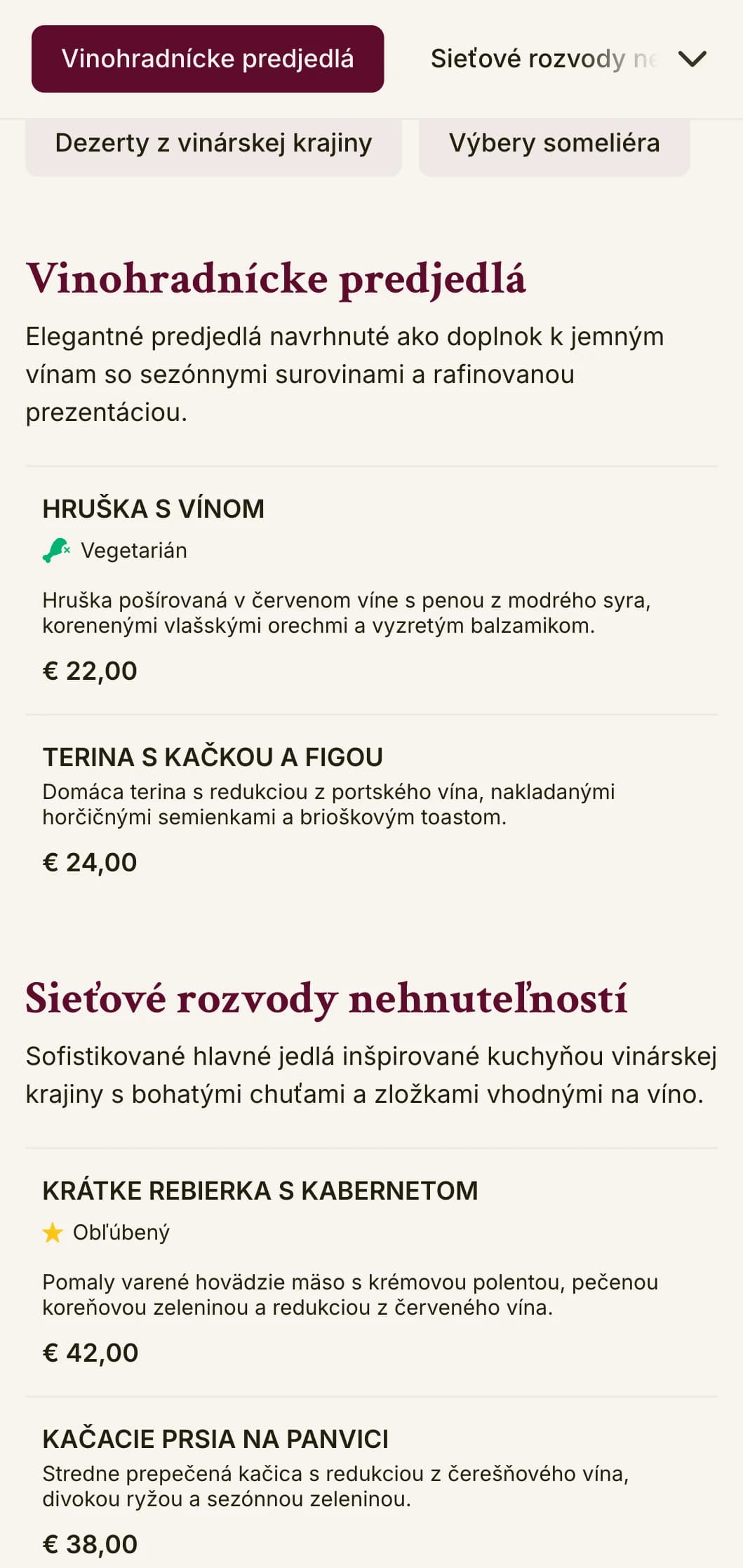 Sofistikované večerné menu s farbami inšpirovanými vínom a elegantnou typografiou, určené pre podniky s rozsiahlymi vínnymi programami.