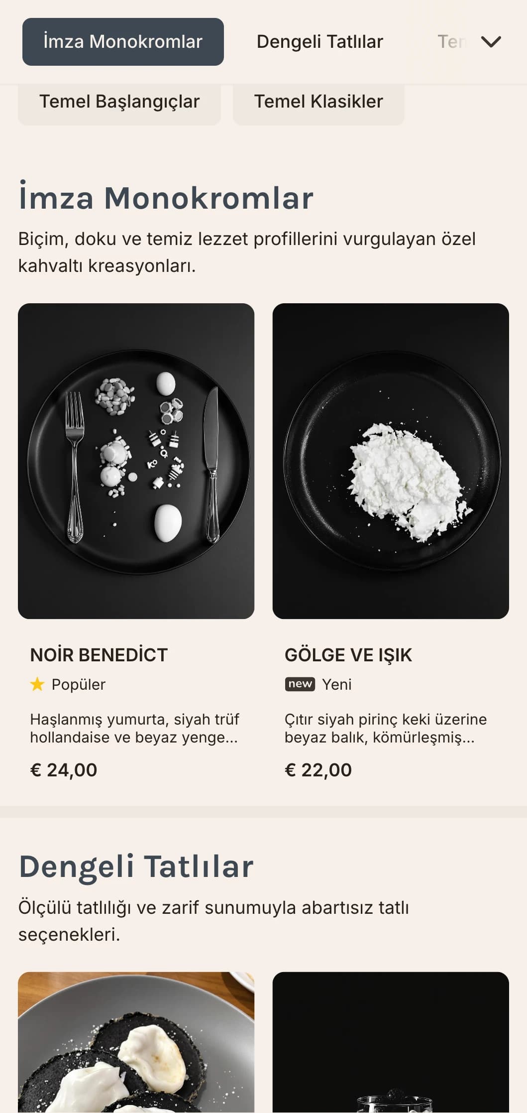 Tasarım bilincine sahip lokantalar için çarpıcı tek renkli bir palette sunulan şık kahvaltı seçenekleri.