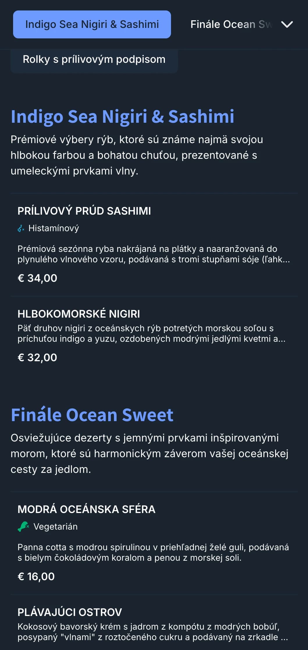 Menu sushi inšpirované oceánom s hlbokými indigovými vlnami a moderným dizajnom pre reštaurácie zamerané na morské plody.