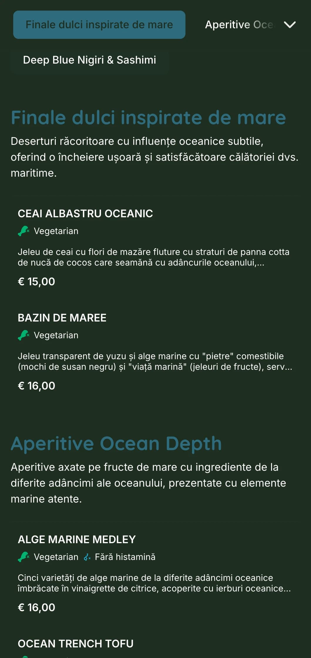 Meniu liniștit de sushi albastru intens inspirat de adâncurile oceanului, cu elemente marine și fructe de mare proaspete.