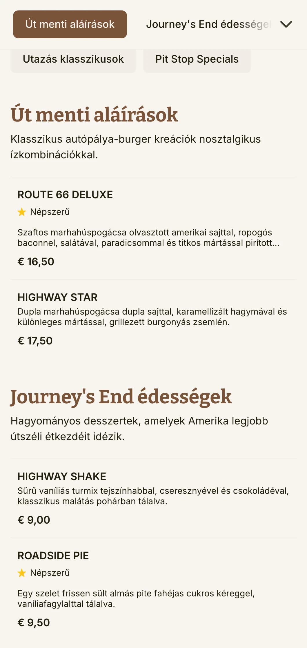 Autópálya ihlette burgerbüfé vintage útjelző táblákkal és klasszikus amerikai roadtrip nosztalgiával.