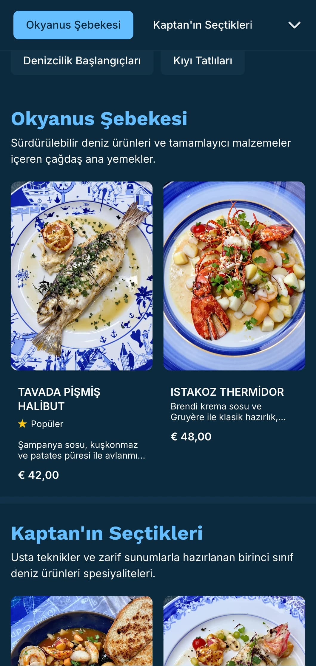 Lüks deniz ürünleri restoranları için mükemmel, denizcilik esintileri taşıyan canlı, mavi tonlarda bir akşam yemeği menüsü.