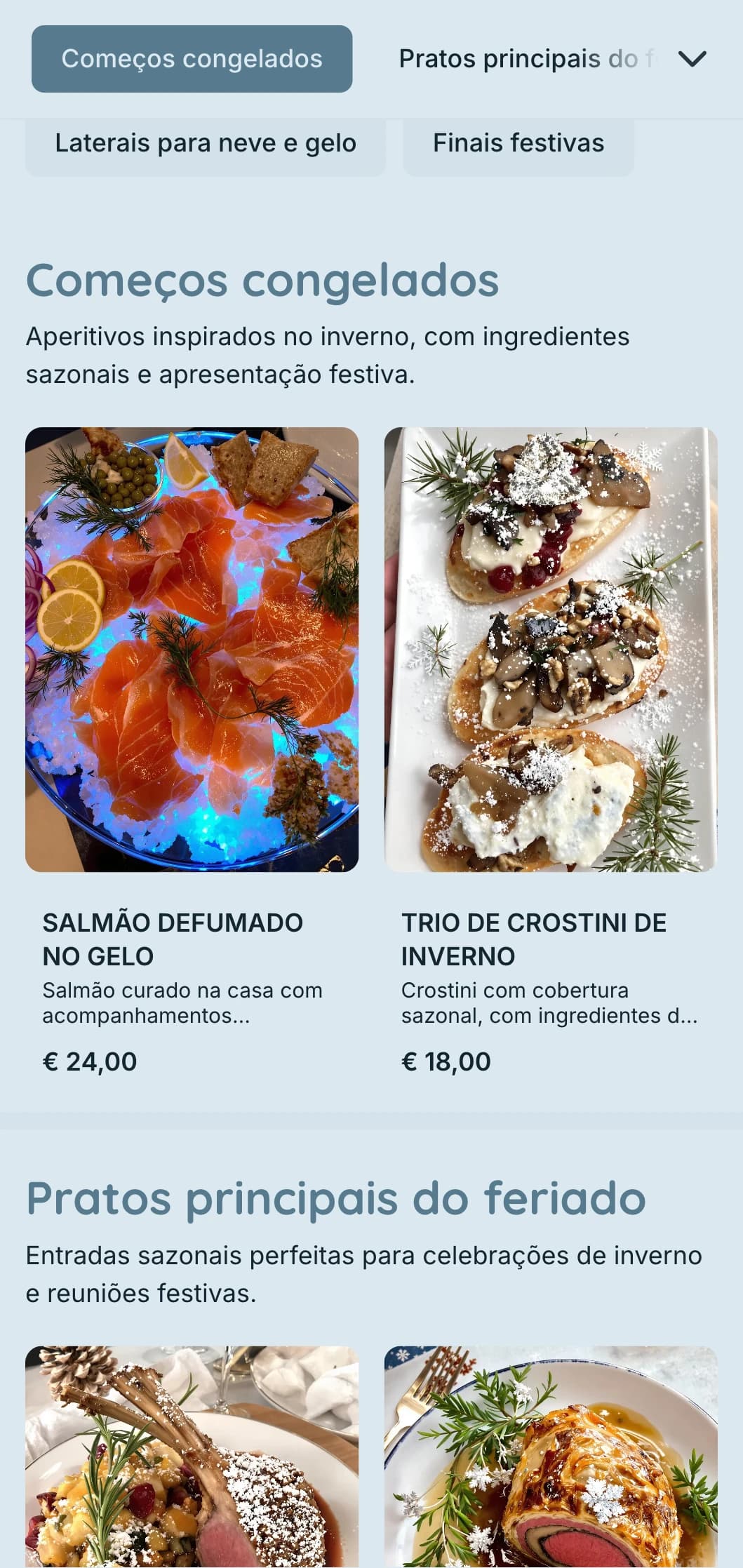 Serviço de bufê com tema de inverno mágico, com ingredientes sazonais, apresentação dramática e elementos aconchegantes para festas de fim de ano e eventos de inverno.