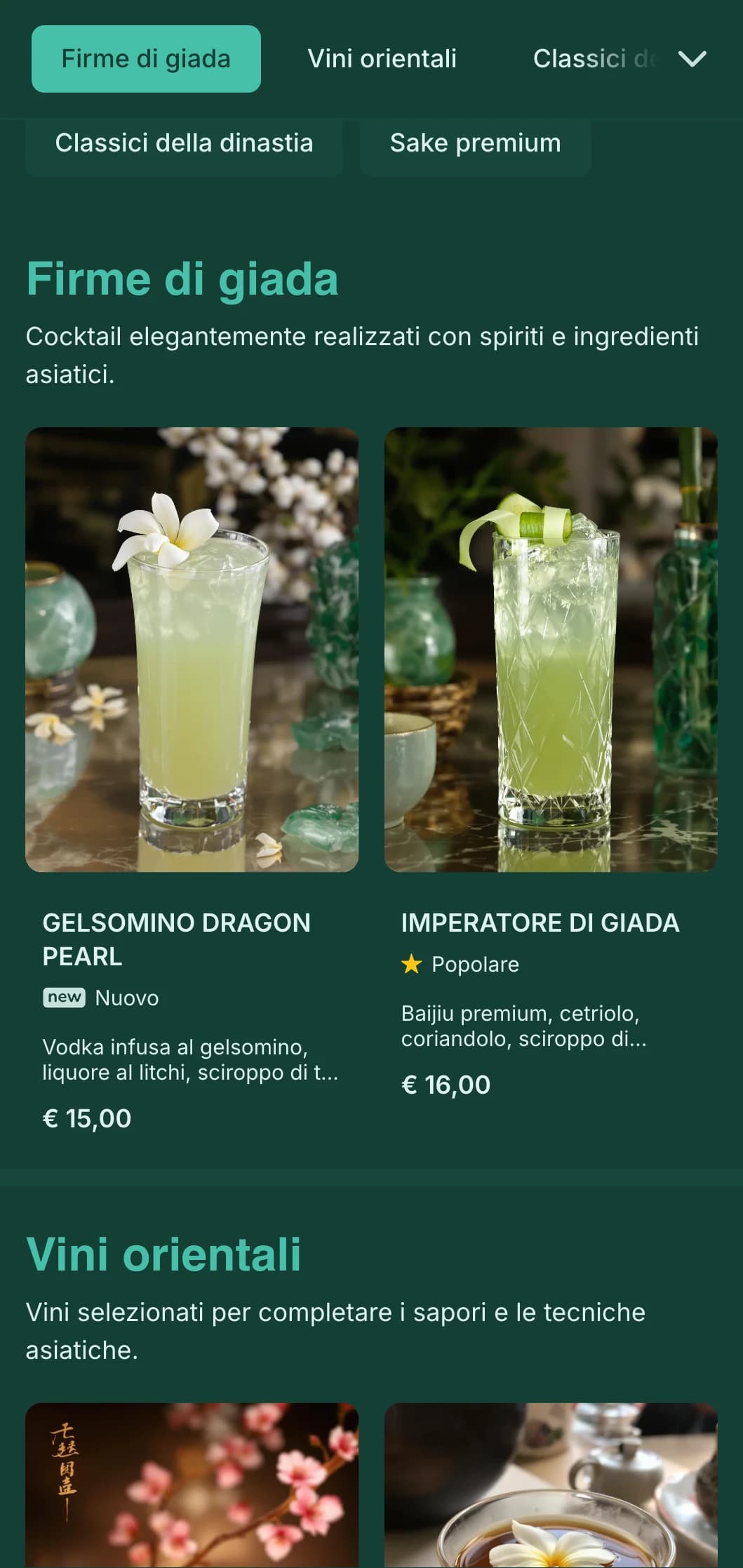 Elegante design verde ispirato all'arte cinese per cocktail lounge di ispirazione asiatica.
