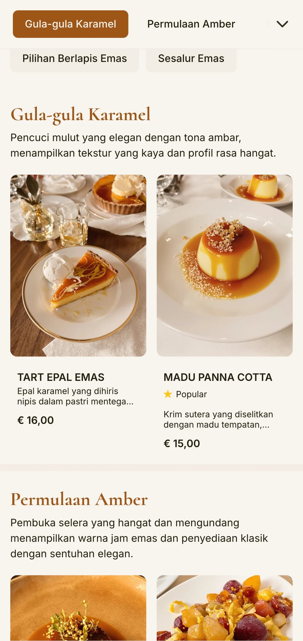 Menu makan malam yang hangat dan berwarna kuning ambar dengan elemen reka bentuk klasik, sesuai untuk pertubuhan dengan suasana emas.