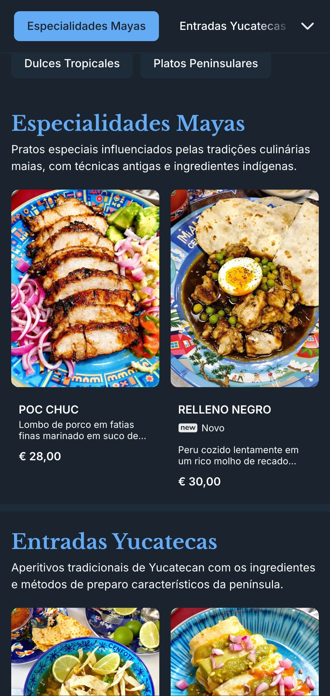Menu elegante e vibrante que apresenta a culinária yucateca com toques de cenote azul brilhante, influências maias e ingredientes tropicais.