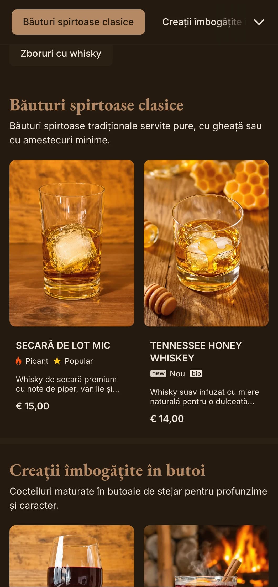 Tonuri bogate de maro cu tipografie clasică pentru baruri de whisky și pub-uri tradiționale.
