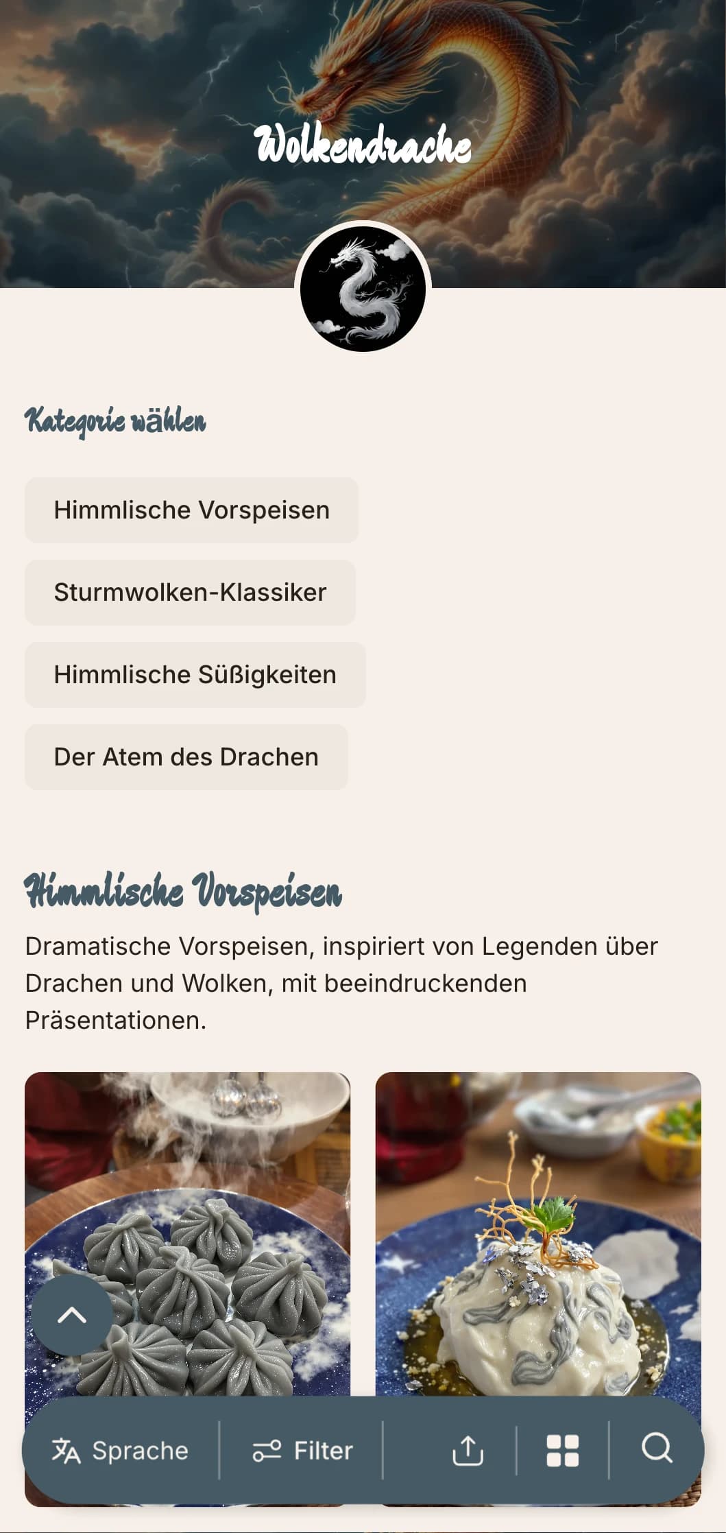 Dramatisches chinesisches Menüdesign mit Wolken- und Drachenmotiven, mit kraftvollen Elementen für die authentische kaiserliche Küche.