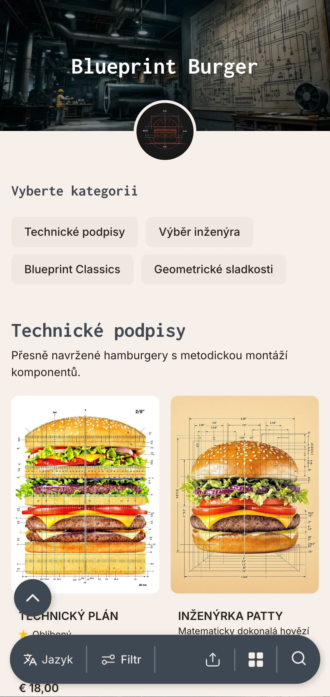 Koncept hamburgeru inspirovaný technickým výkresem s přesností a architektonickými prvky.