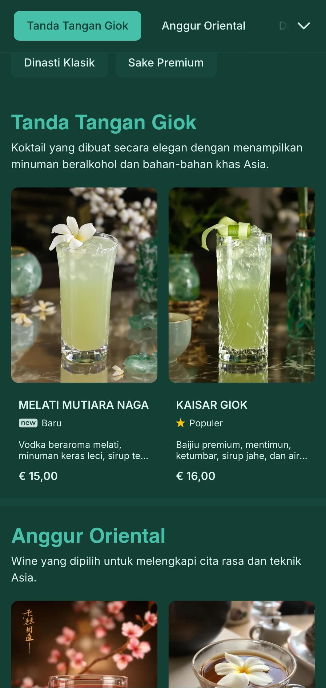 Desain hijau yang elegan terinspirasi dari seni Tiongkok untuk lounge koktail yang terinspirasi dari Asia.