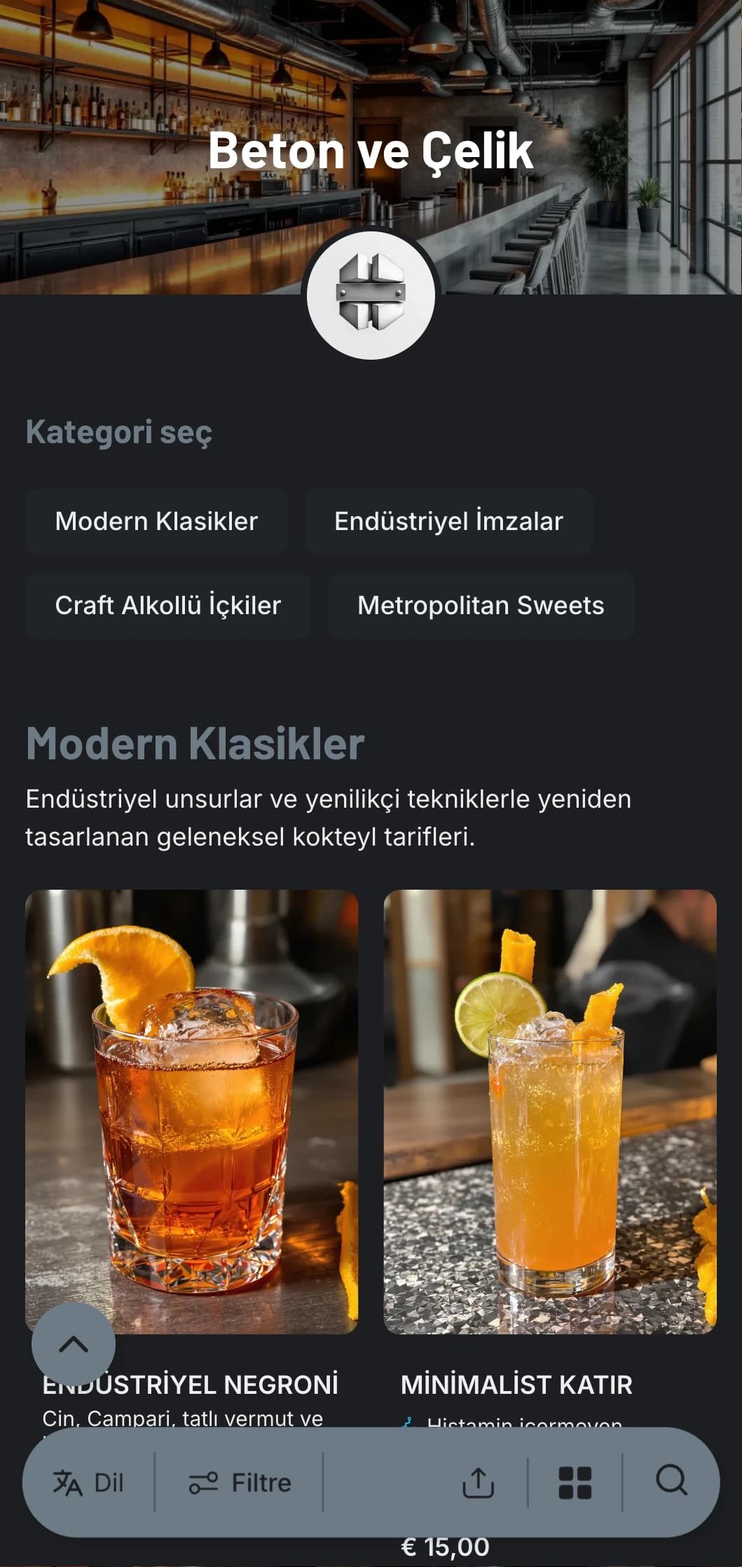 Çağdaş barlar için beton dokular ve çelik unsurlar ile sade tipografi içeren endüstriyel, kentsel bir tasarım.