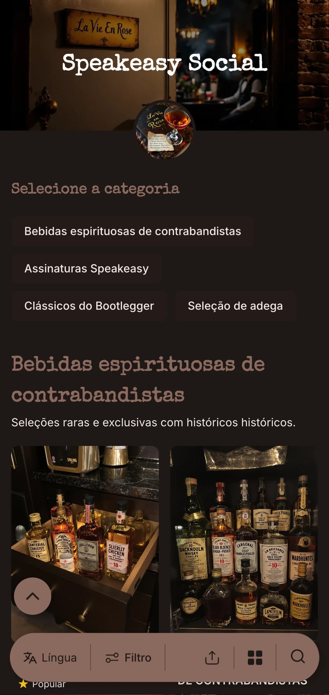 Design escuro e misterioso com elementos de máquina de escrever vintage para bares de coquetéis escondidos.