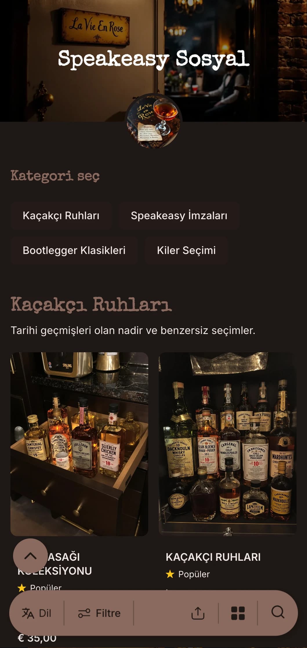 Gizli kokteyl barları için vintage daktilo öğeleri içeren karanlık, gizemli tasarım.