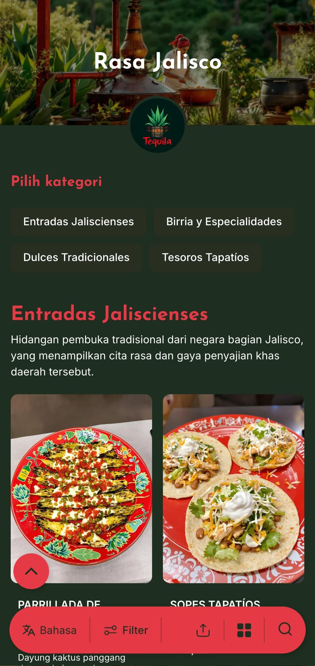 Menu yang semarak dan penuh cita rasa yang menampilkan hidangan khas Jalisco, termasuk tequila, birria, dan hidangan tradisional yang terinspirasi dari mariachi-nya.