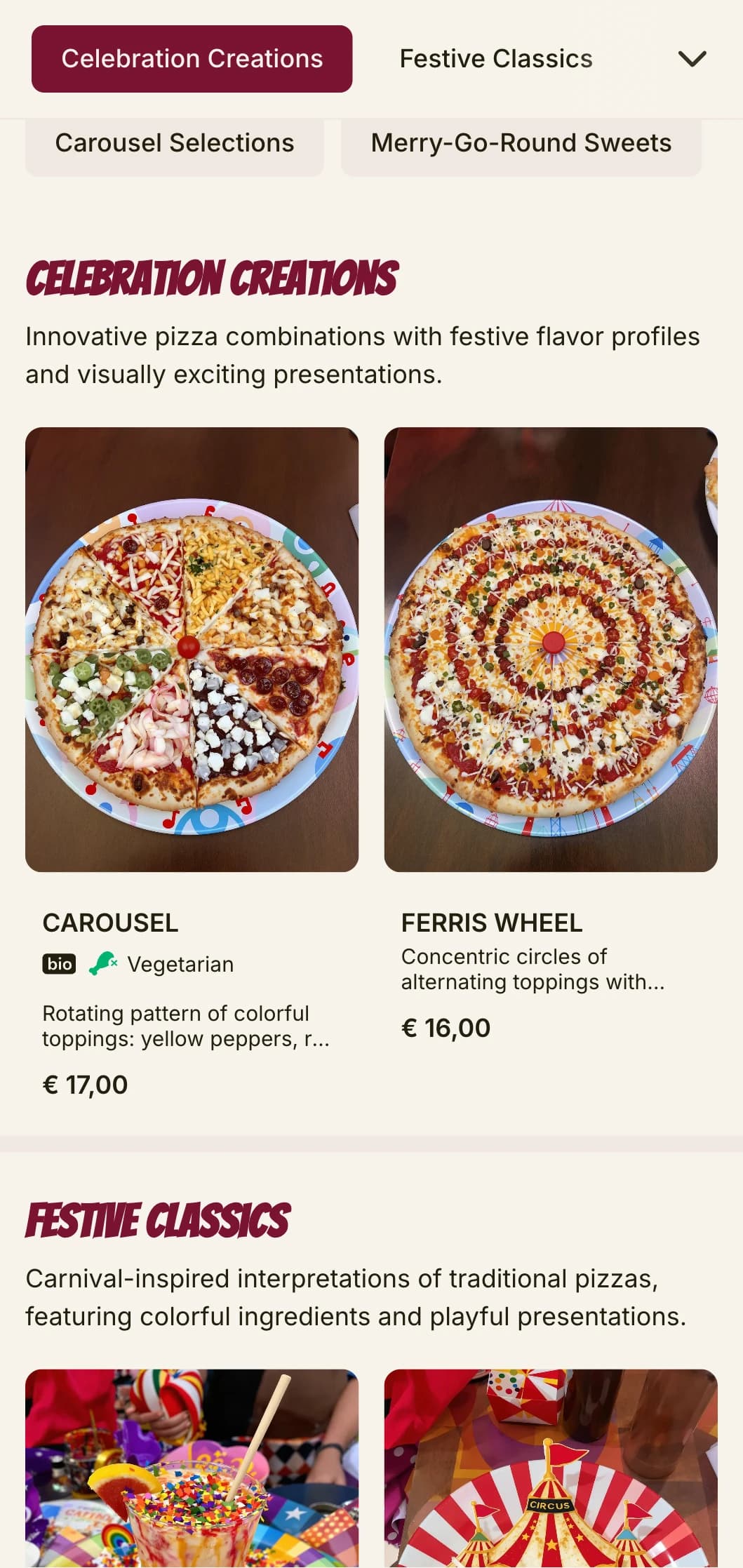 Festive, energetic pizza menu with bright colors and playful elements.