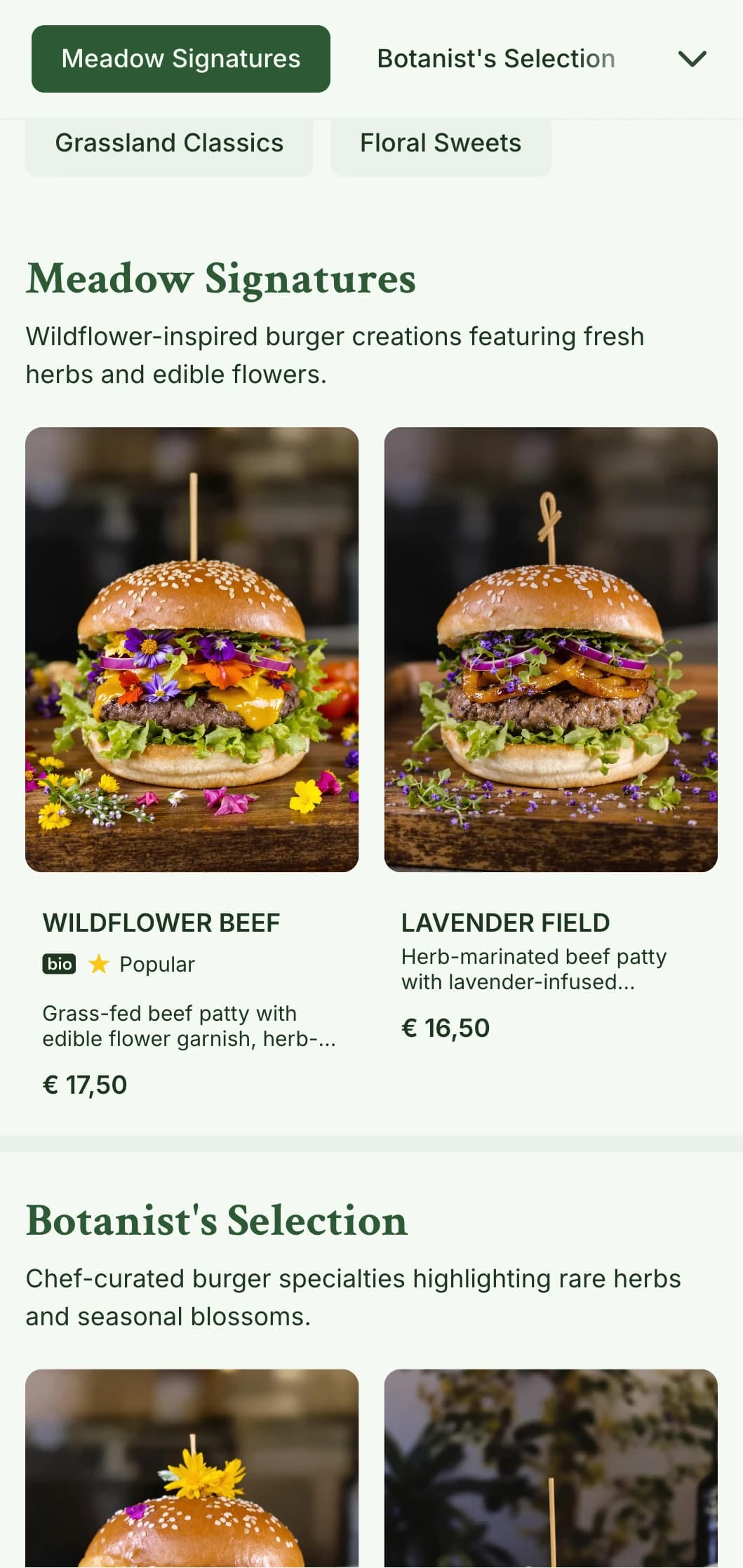 Wildflower and grassland inspired burger concept with natural, airy aesthetic.