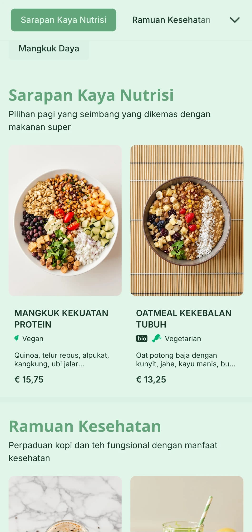 Desain hijau segar yang menekankan pilihan sehat untuk kafe dan bar jus yang berfokus pada kesehatan.