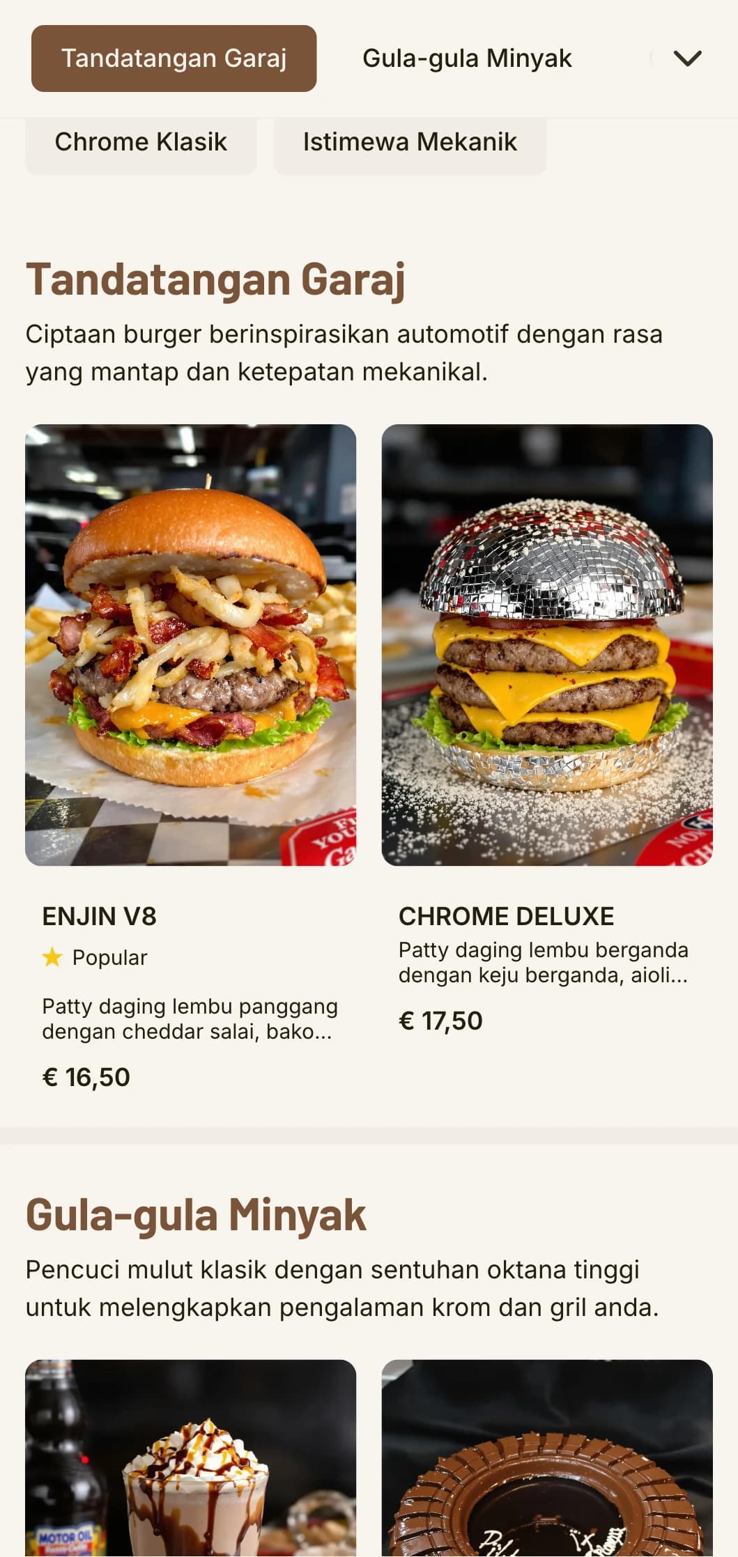 Garaj burger berinspirasikan kereta klasik dengan elemen automotif dan nostalgia perjalanan jalan raya vintaj.