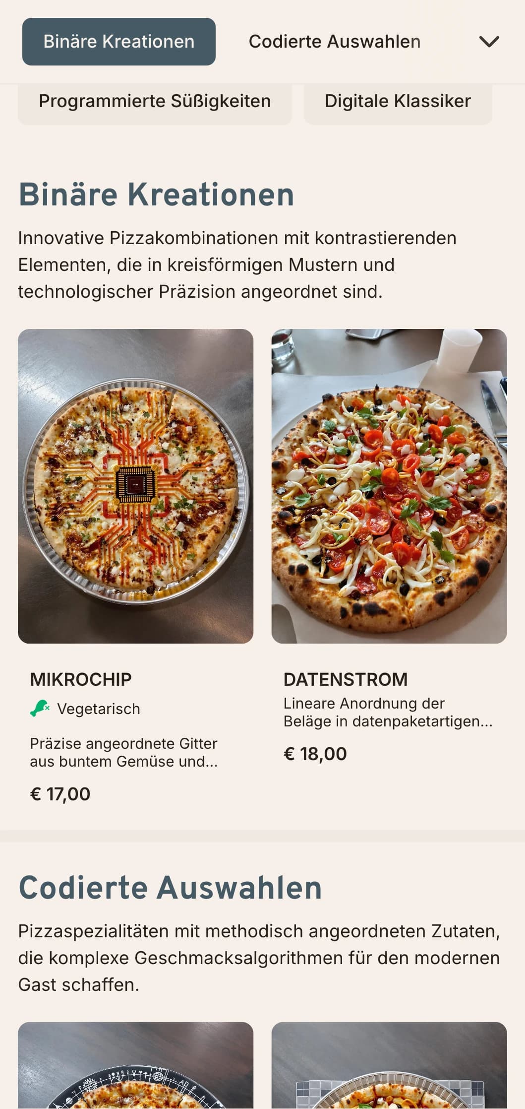 Technisch inspiriertes Pizza-Menü mit Leiterplatten-Ästhetik für moderne Lokale.