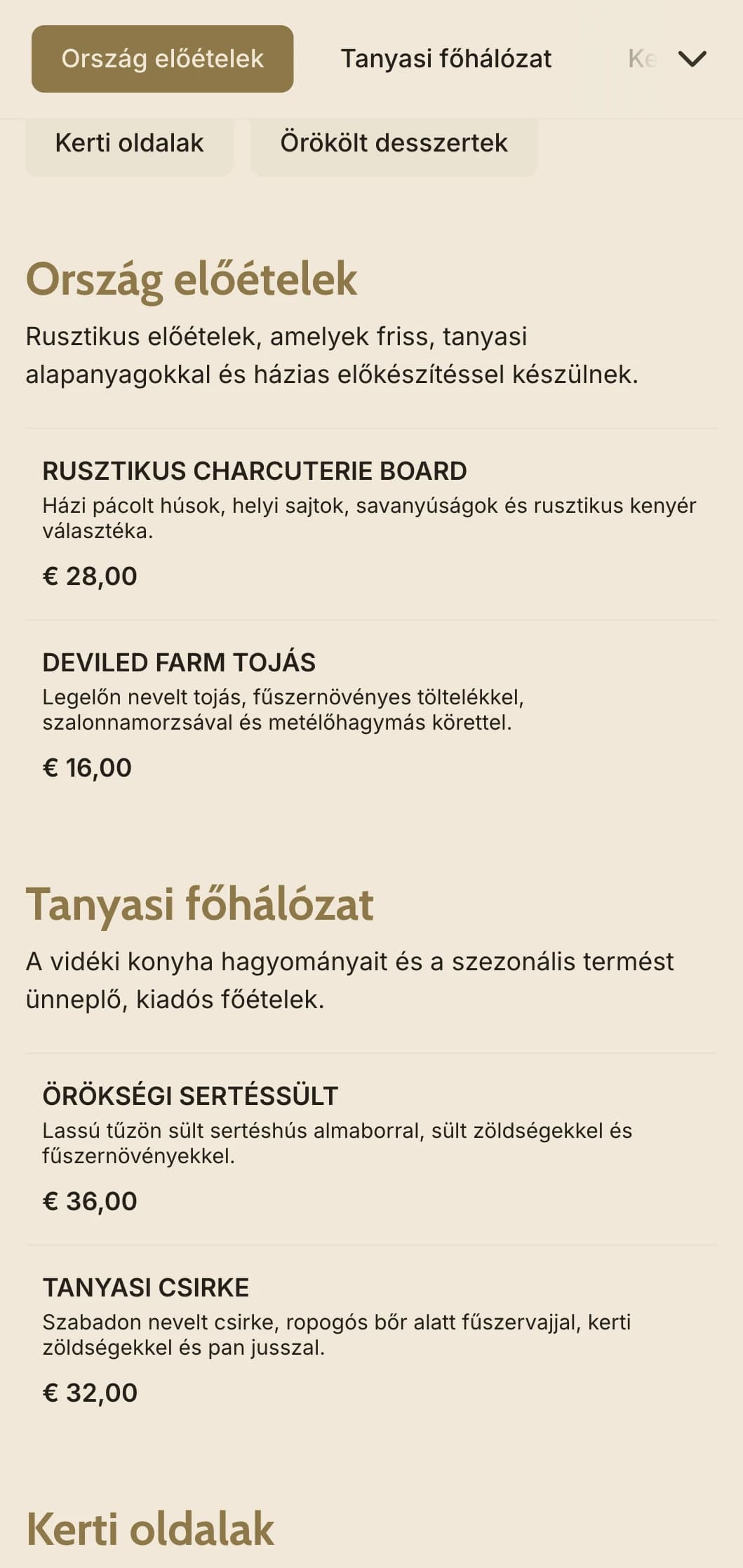 Egészséges farmról az asztalra catering, amely helyi szezonális alapanyagokat, családias kiszolgálást és vidéki hangulatot kínál vidéki ünnepségekhez.