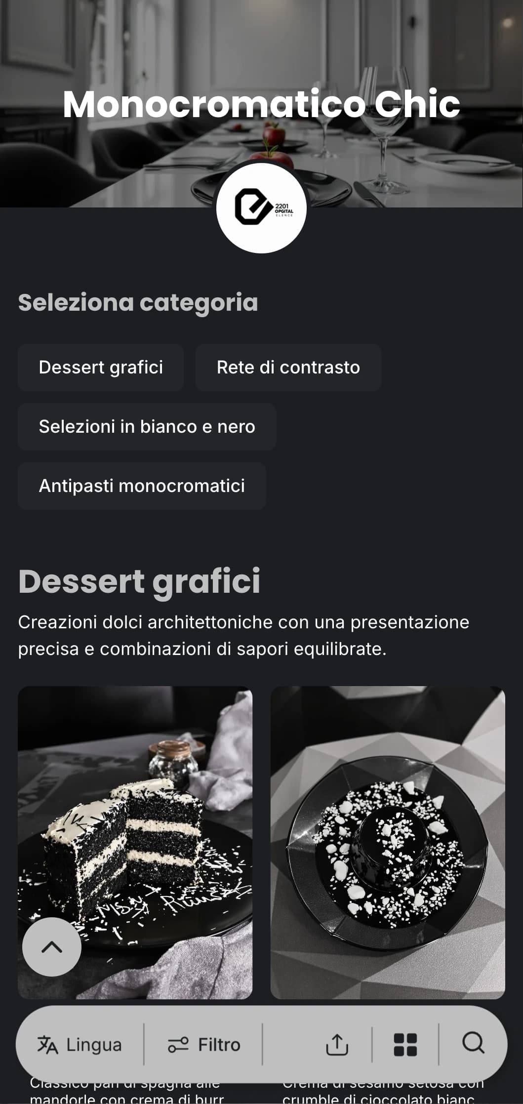 Un sofisticato menu per la cena in bianco e nero, con una tipografia audace e linee pulite, pensato per una cucina raffinata contemporanea.