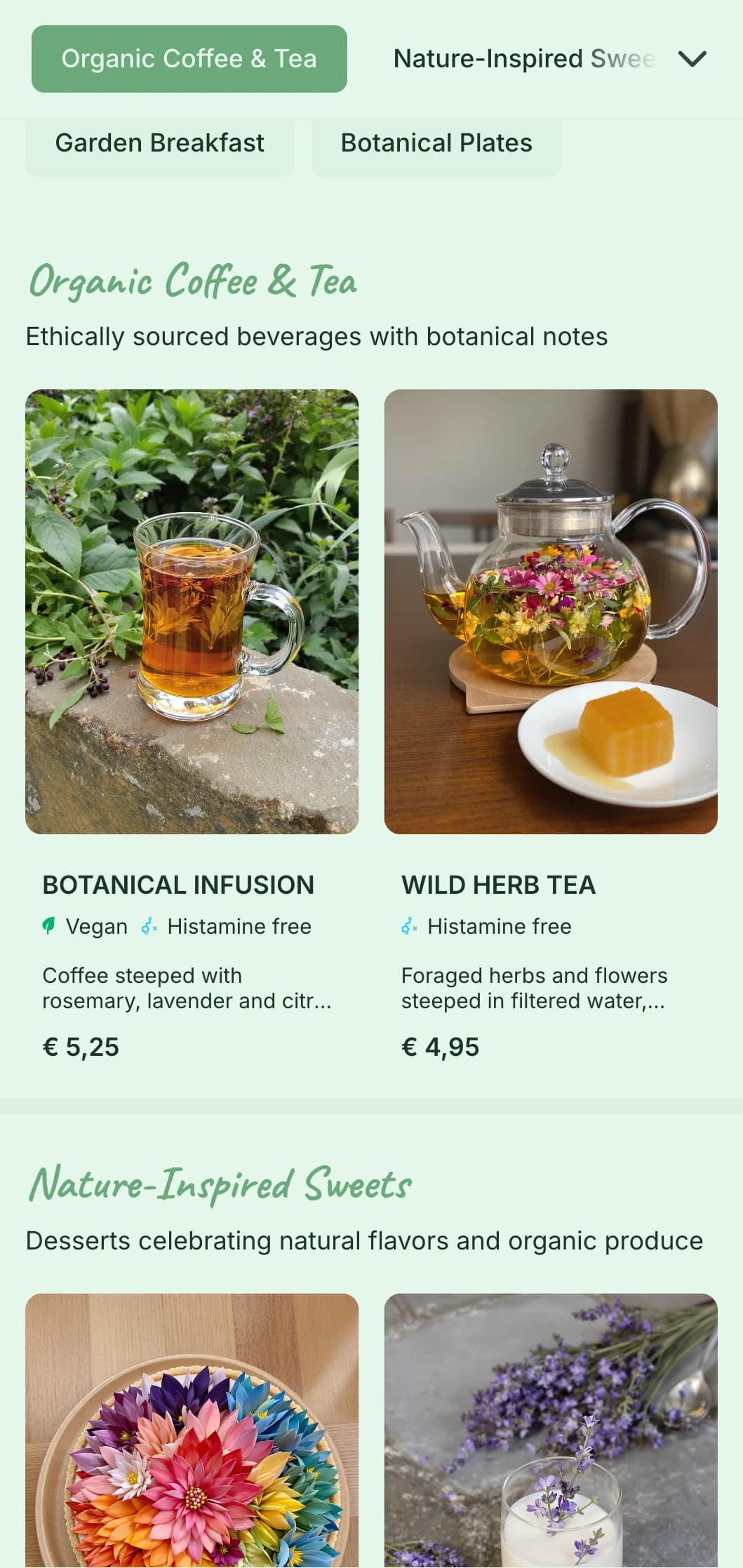 Fresh green-themed design with botanical elements for garden cafes and organic brunch spots.