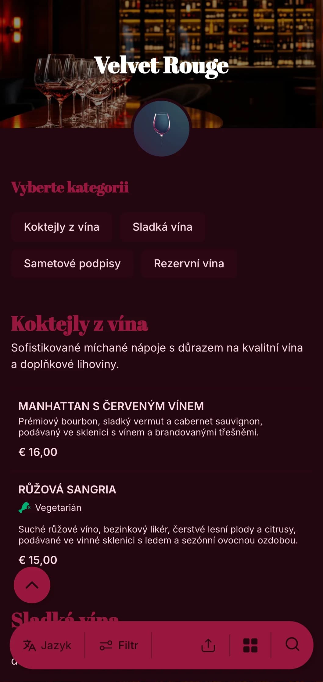 Luxusní, dramatický design pro luxusní vinárny a salonky se sytě červenými tóny a výraznou typografií.