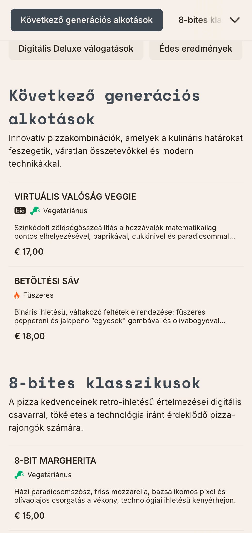 Technológiai ihletésű modern pizzamenü digitális esztétikával innovatív pizzakoncepciókhoz.